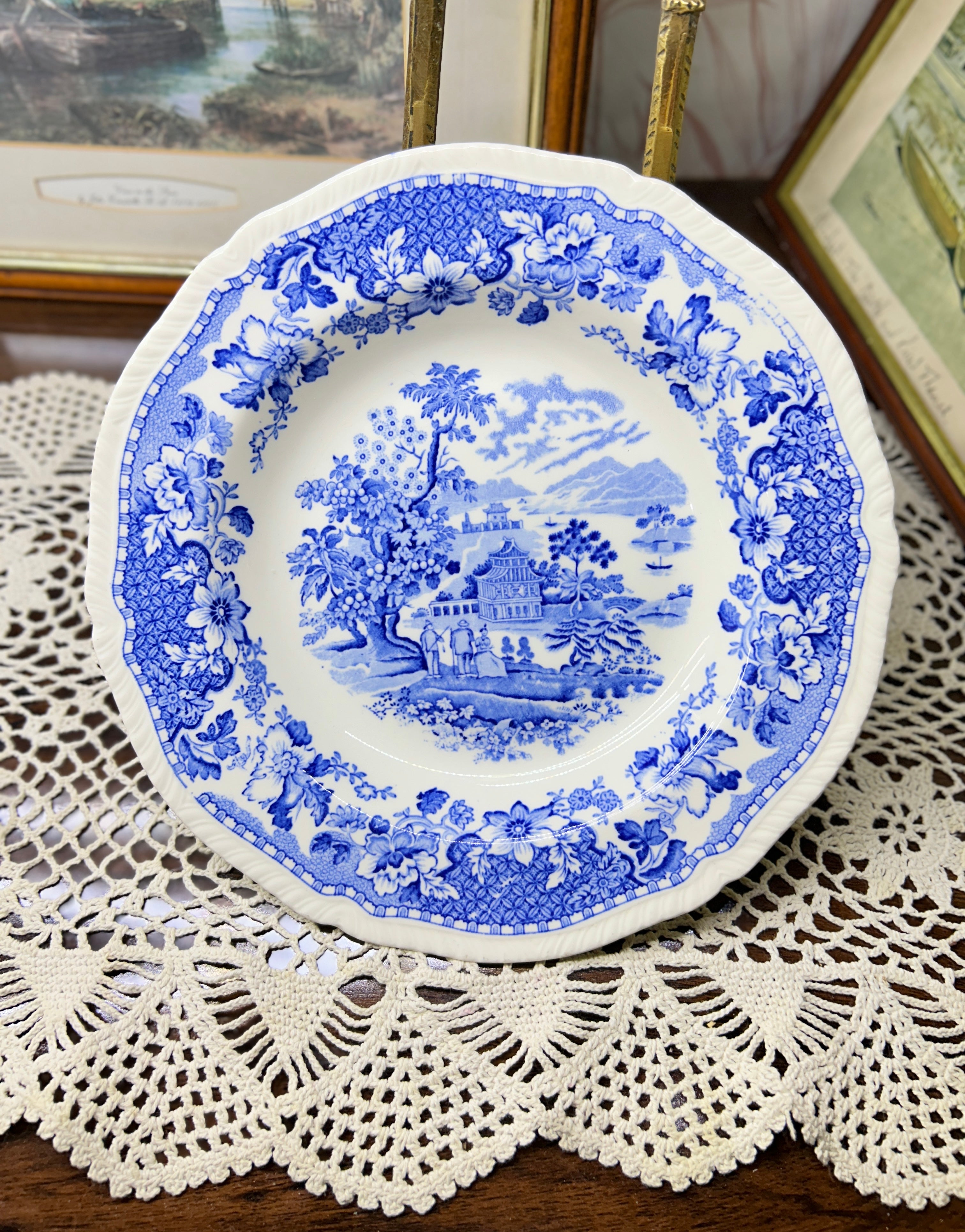 Wood & Sons Seaforth Blue and White Rimmed Soup Bowl, featuring a transferware design of oriental parks and lakes