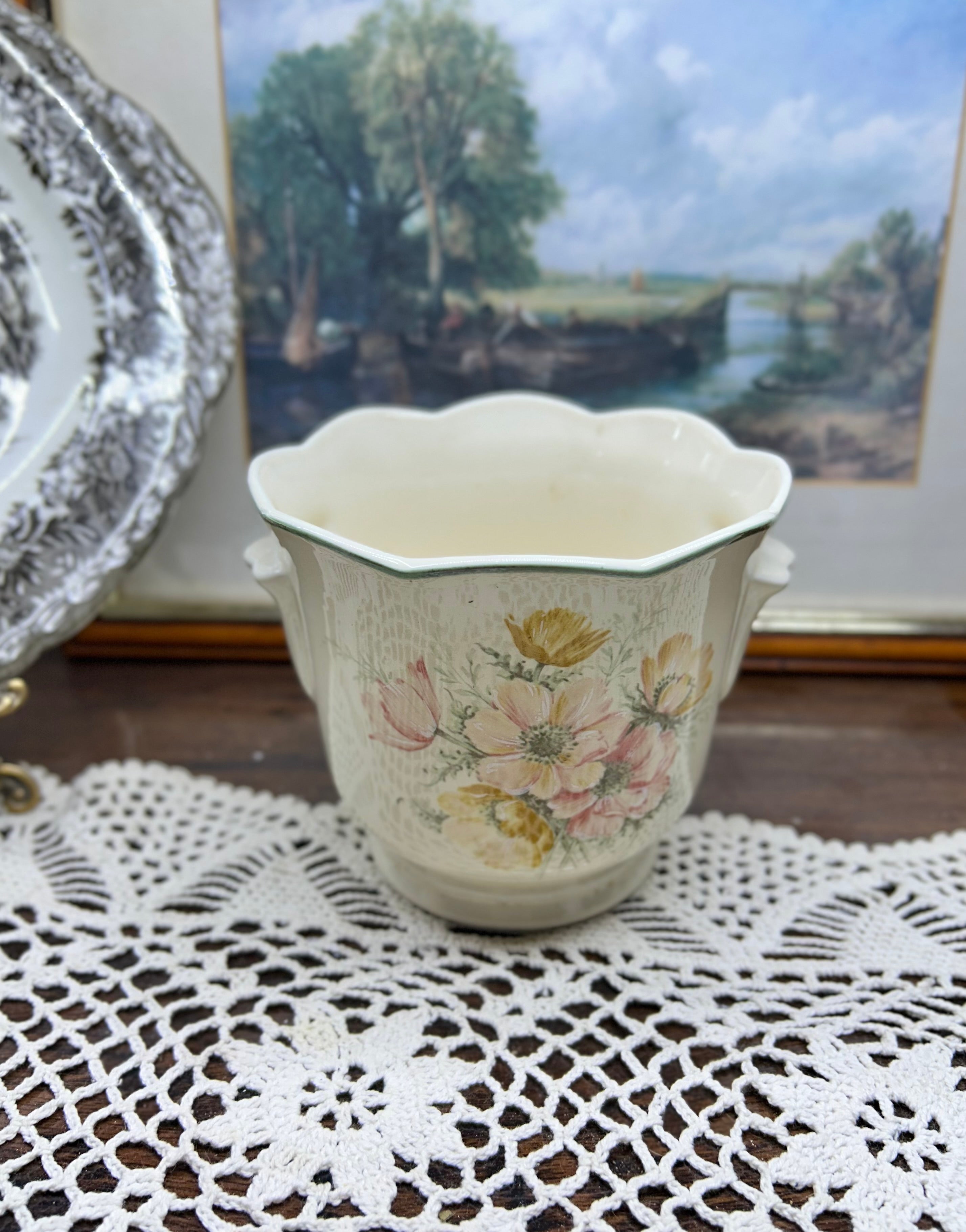 vintage St Michael ceramic planters featuring an “anemone” floral design — PAIR