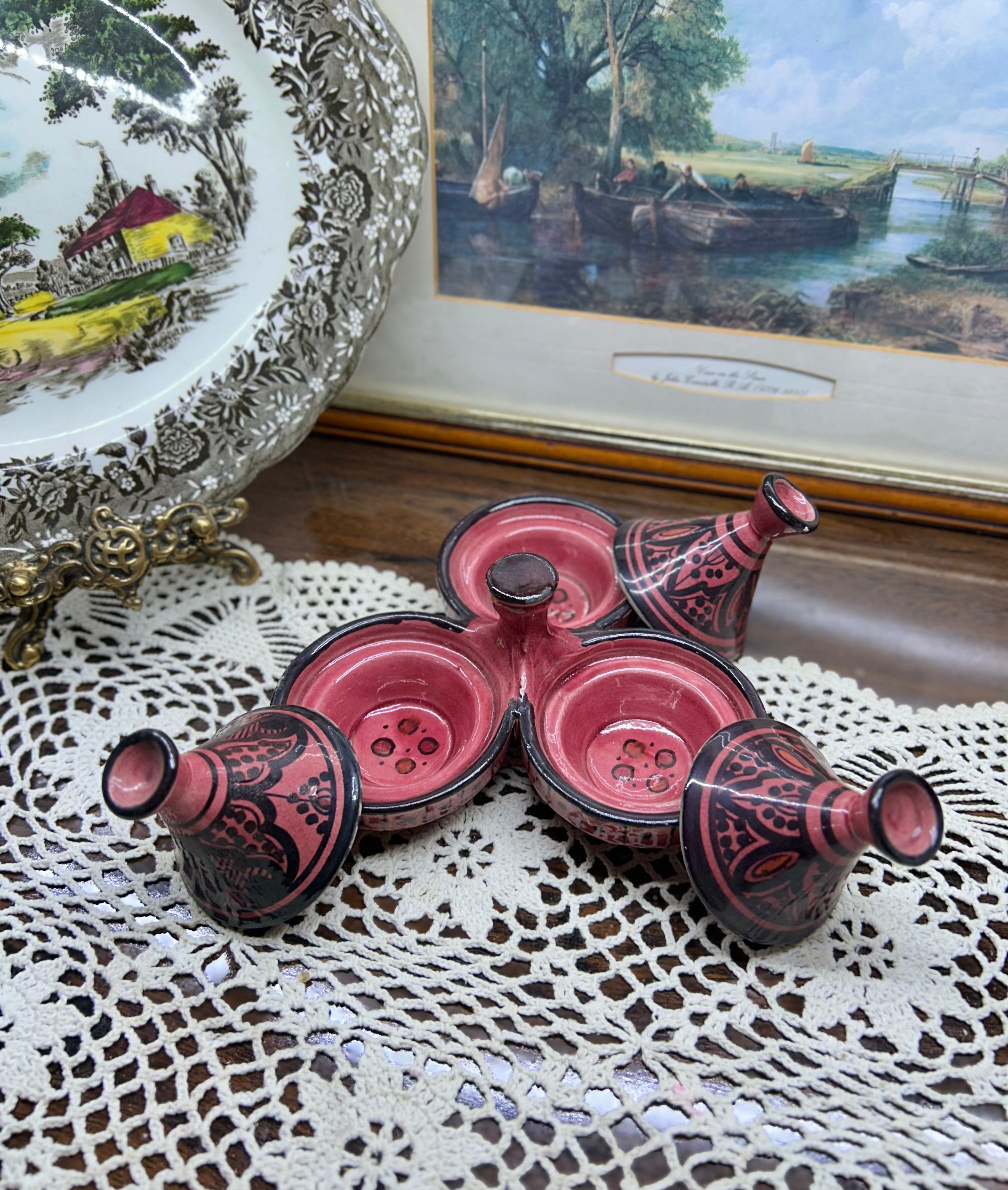 Moroccan triple tangine| hand-painted spice or condiments holder
