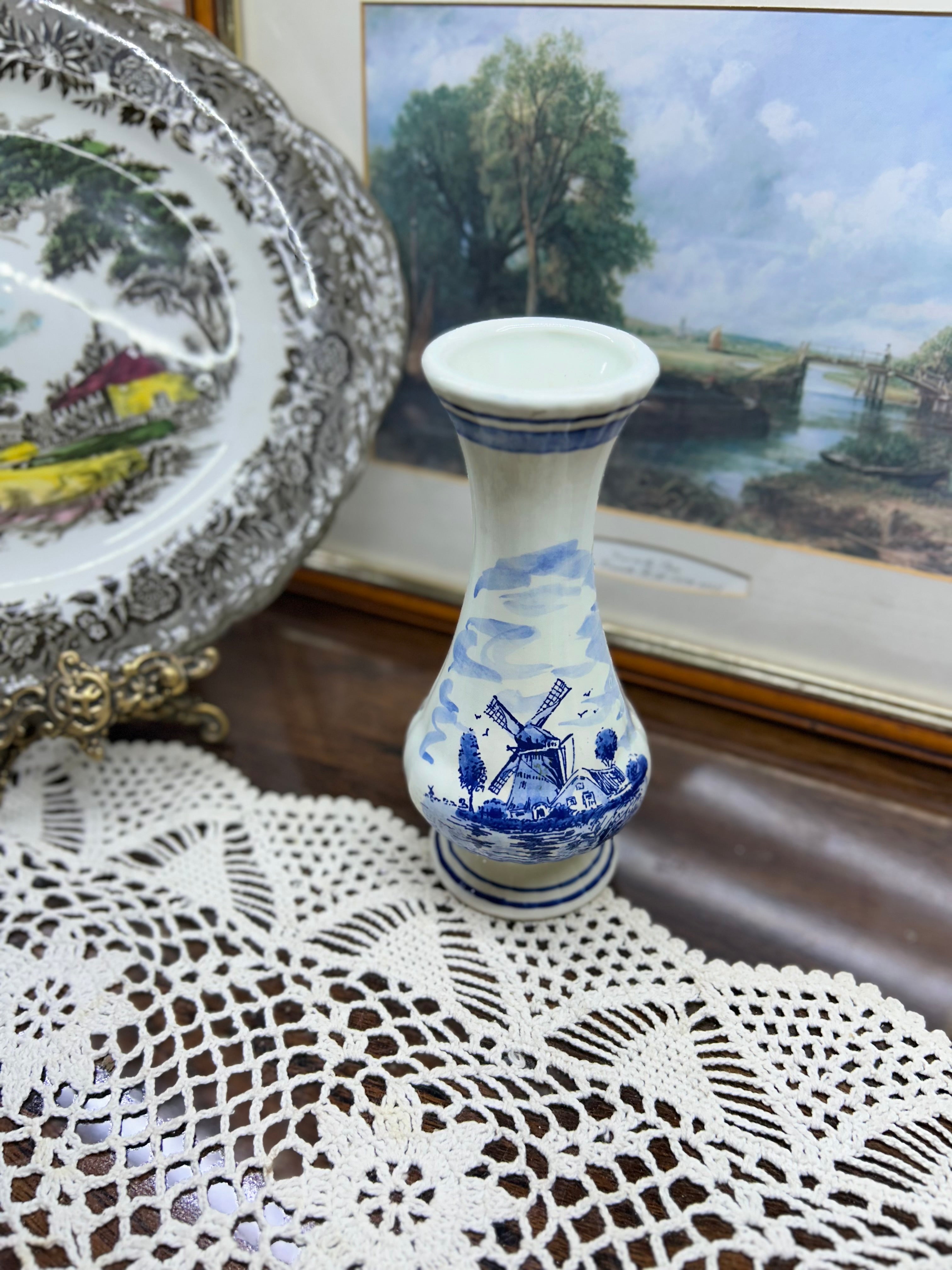 Vintage Delft Blue Holland porcelain vase, hand-painted with a Dutch windmill landscape scene.