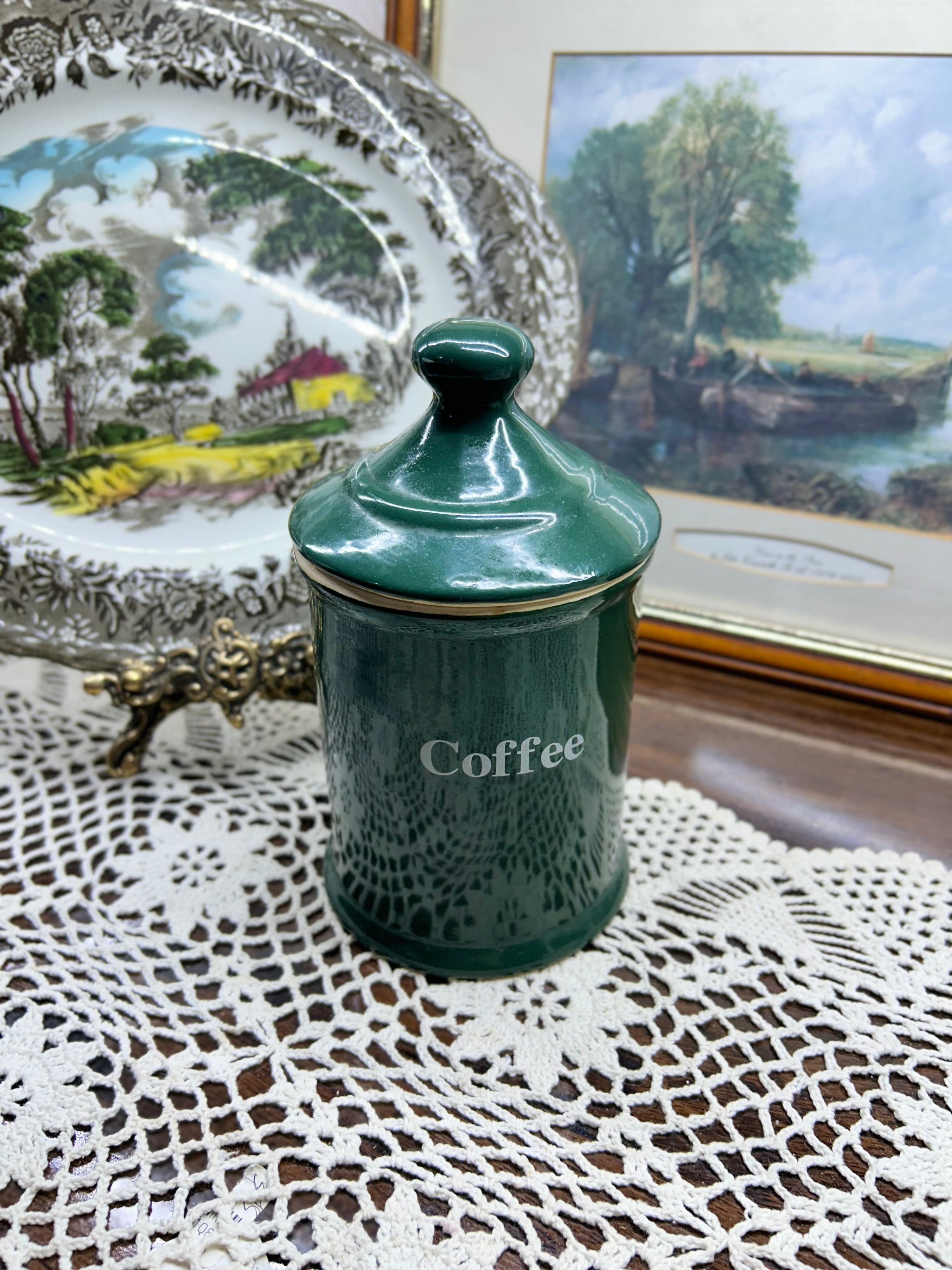 vintage green and gold ceramic coffee canister from a set manufactured by Hornsea Pottery