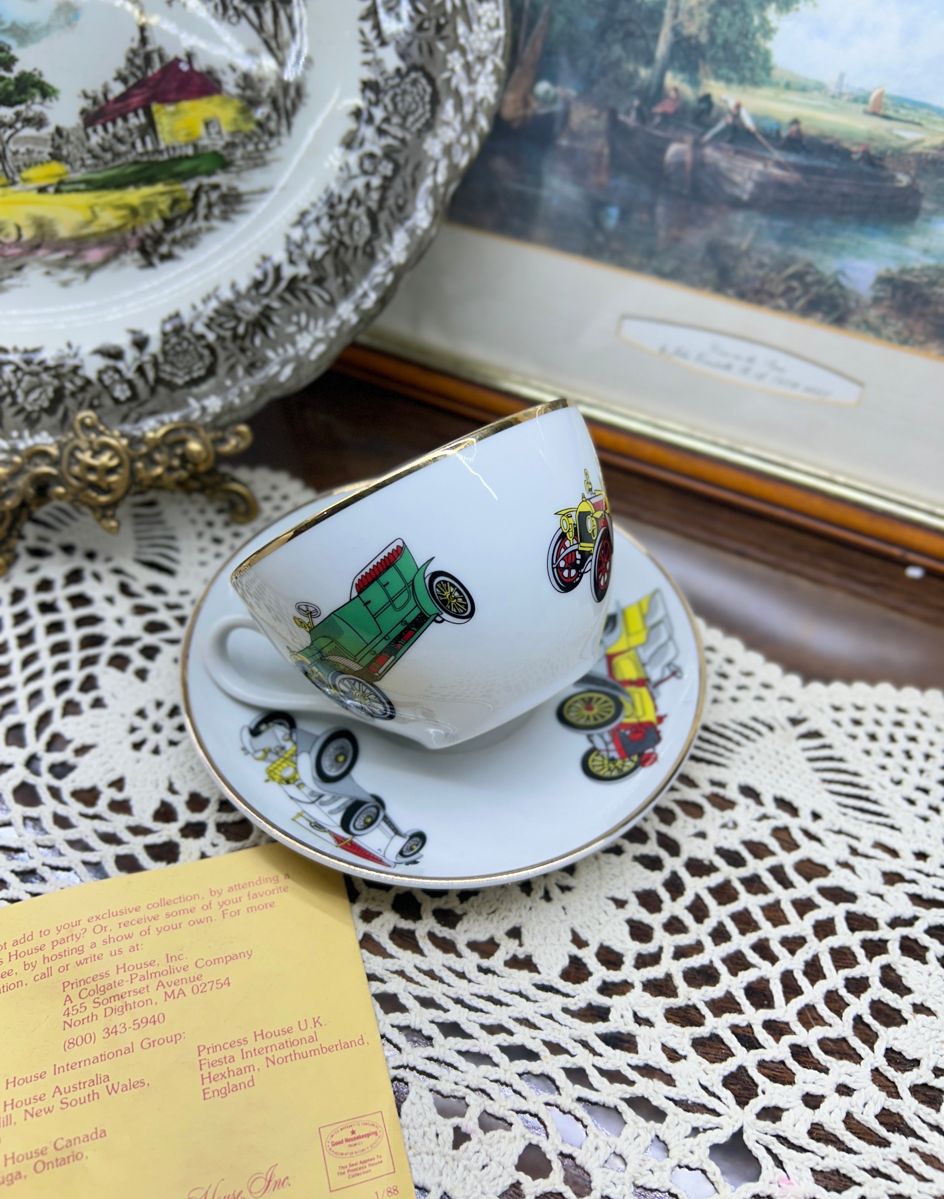 vintage Princess House cup and saucer set with antique car illustrations — Rare find