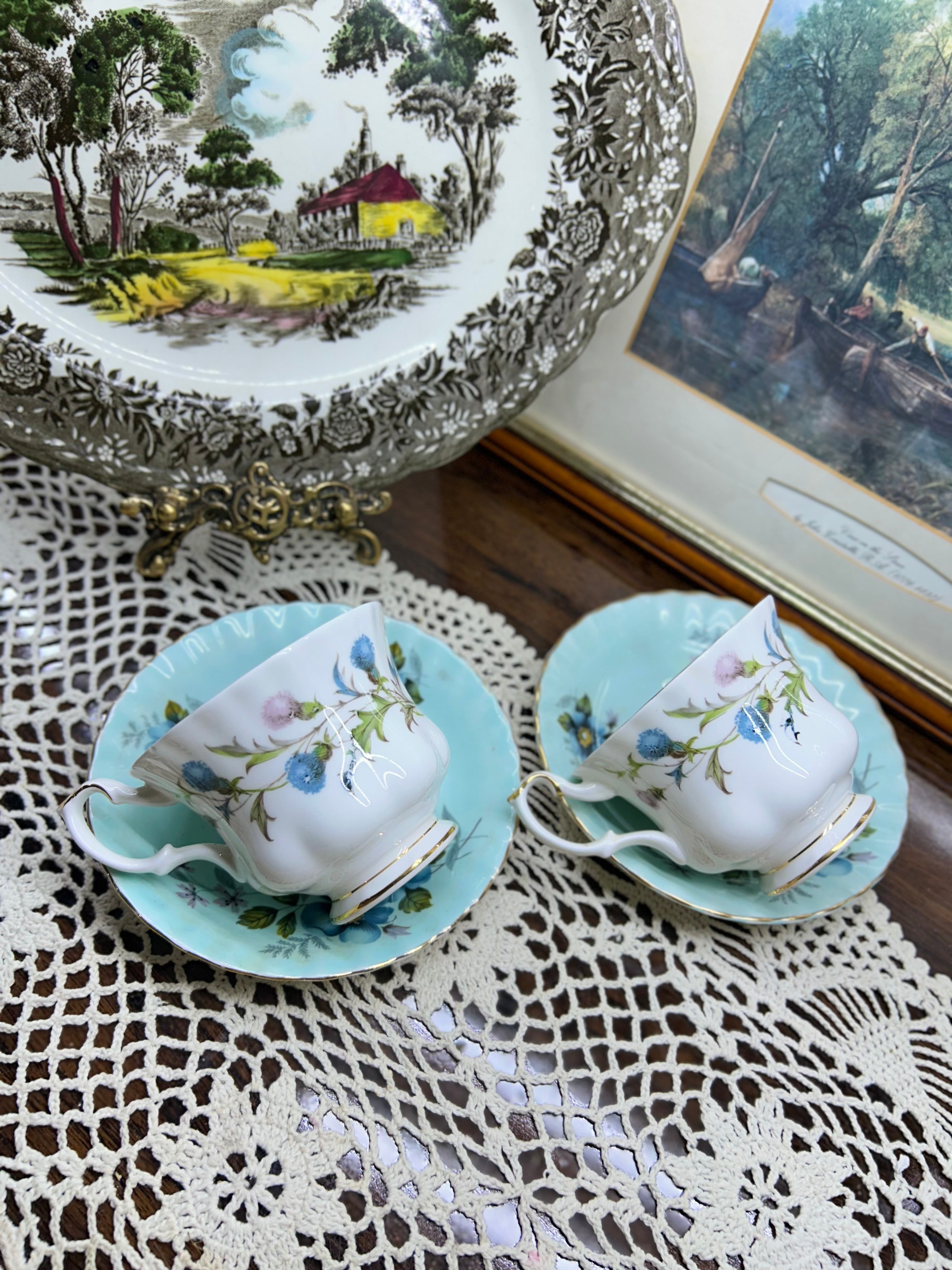 Royal Albert “Brigadoon” teacup and saucer set, featuring a Scottish thistle pattern