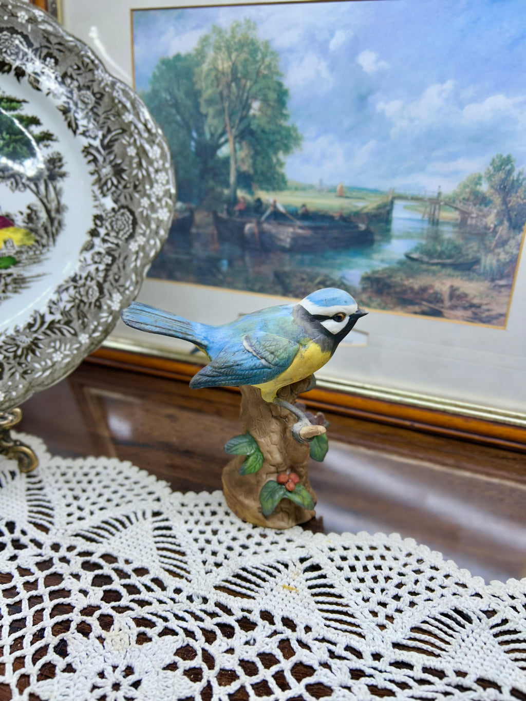 Vintage Blue tit bird figurine — handpainted ceramic