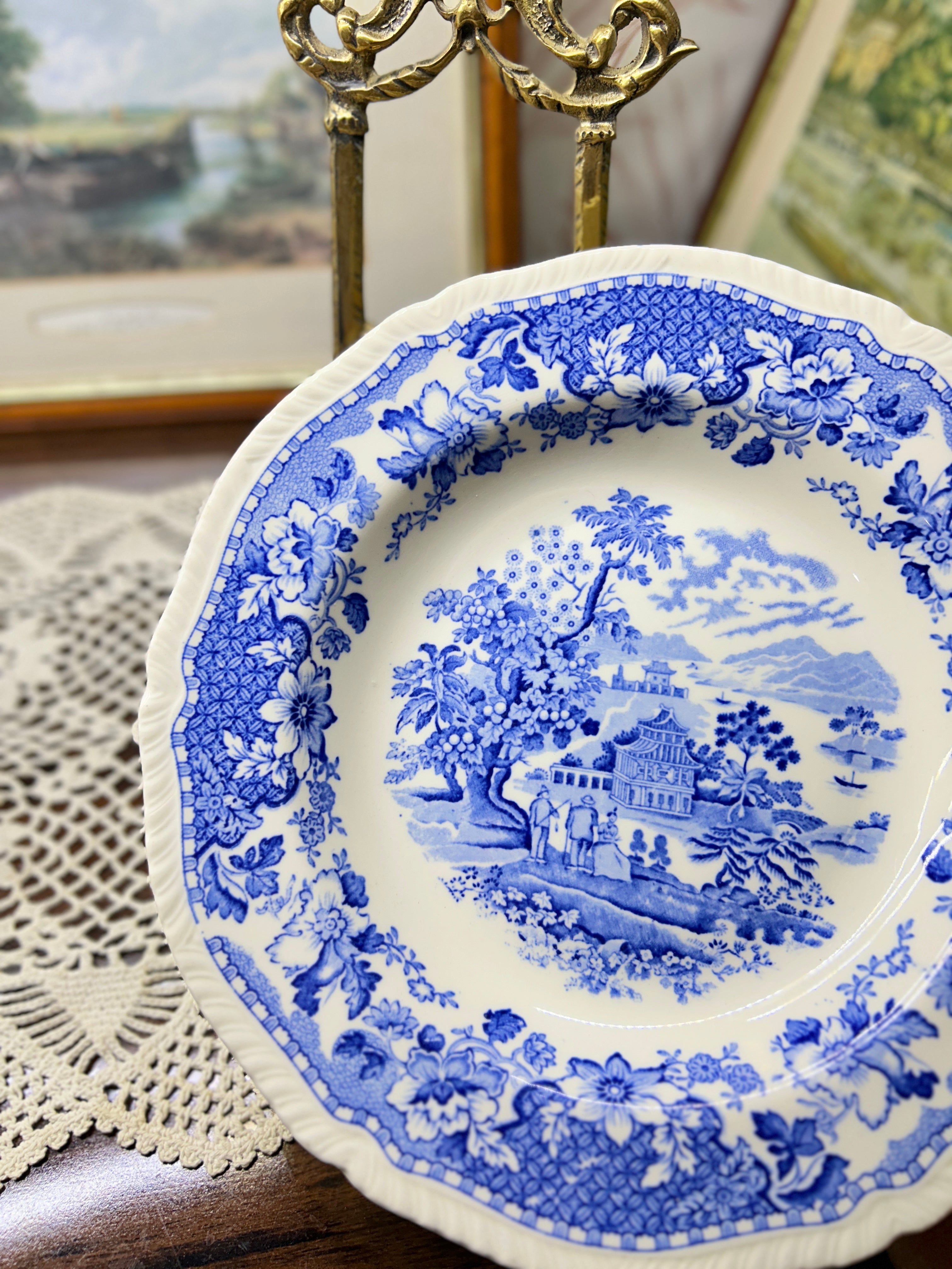 Wood & Sons Seaforth Blue and White Rimmed Soup Bowl, featuring a transferware design of oriental parks and lakes