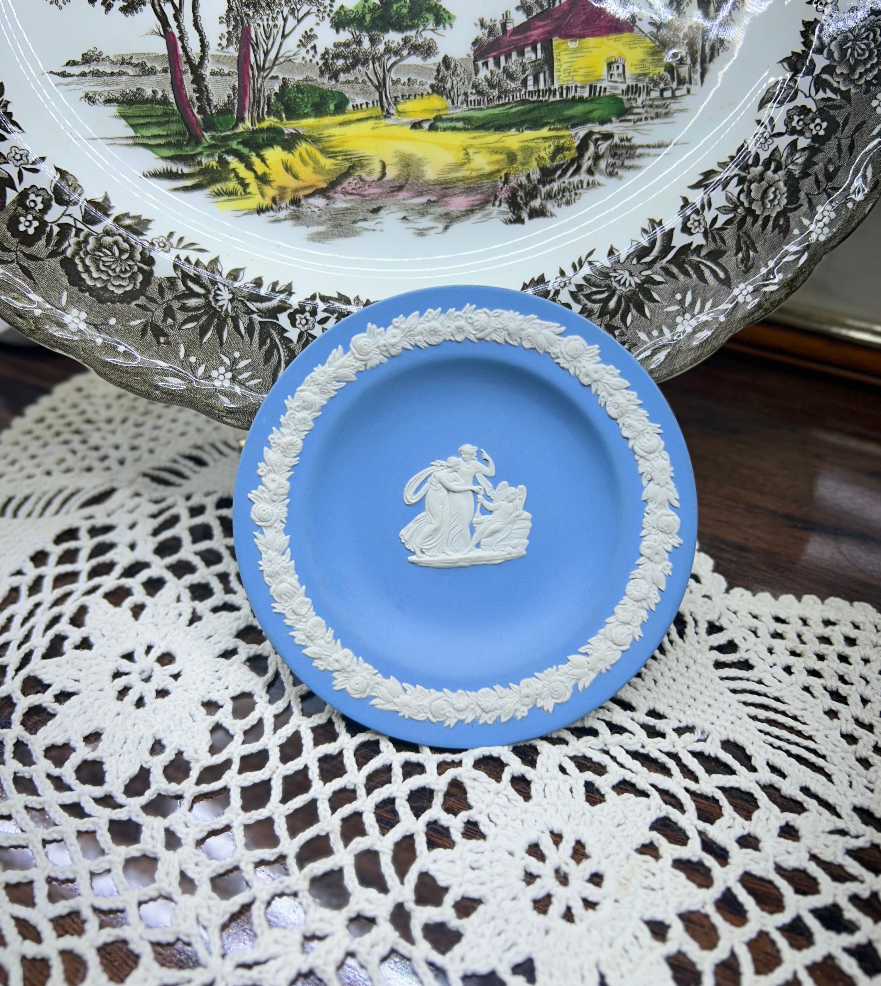 Wedgwood Jasperware round trrinket in pale blue with white relief decoration