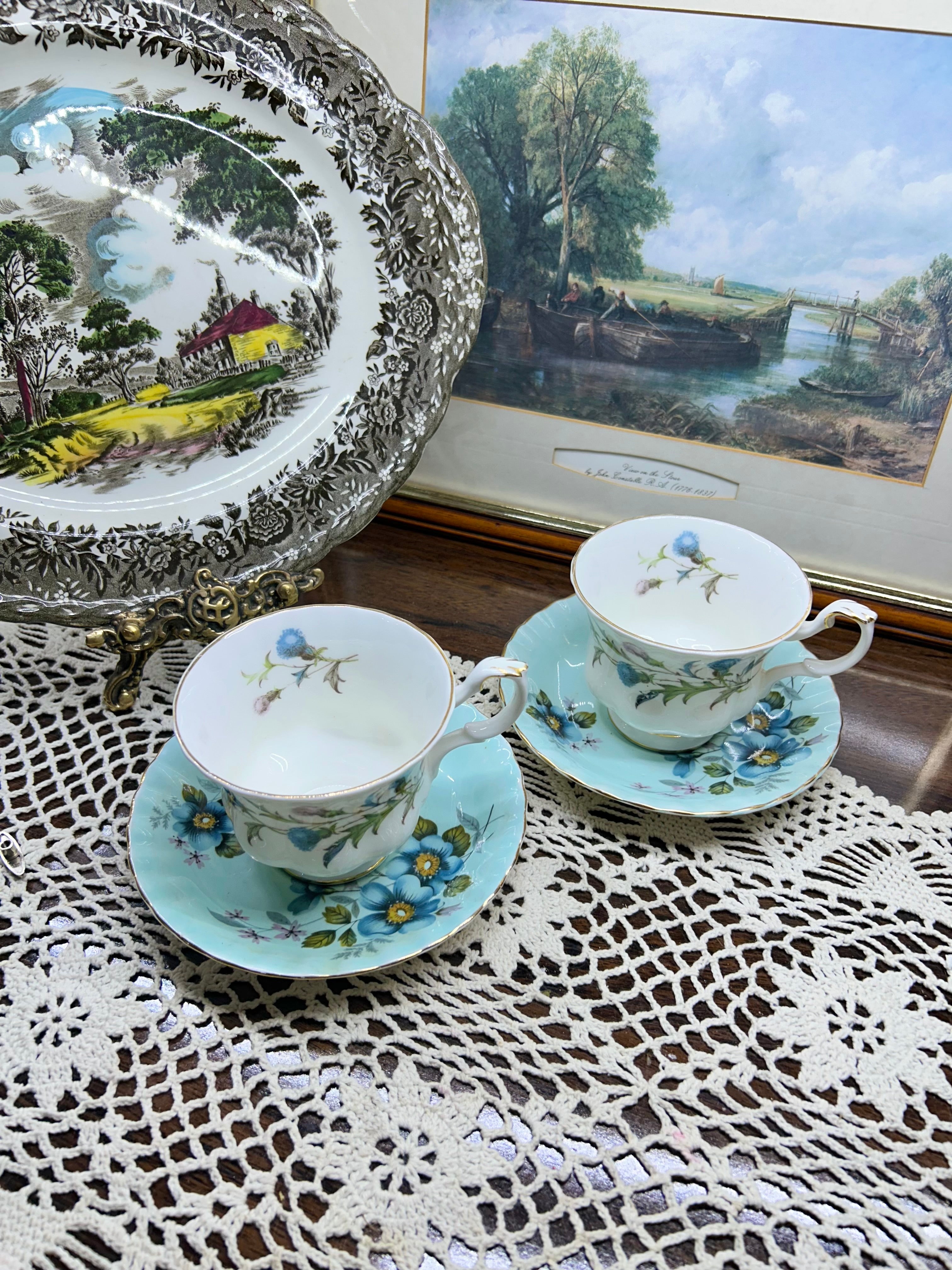 Royal Albert “Brigadoon” teacup and saucer set, featuring a Scottish thistle pattern