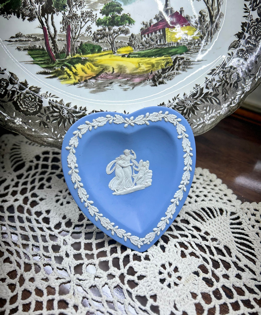 Vintage Wedgwood Jasperware heart-shaped trinket dish — in pale blue with white classical motifs.