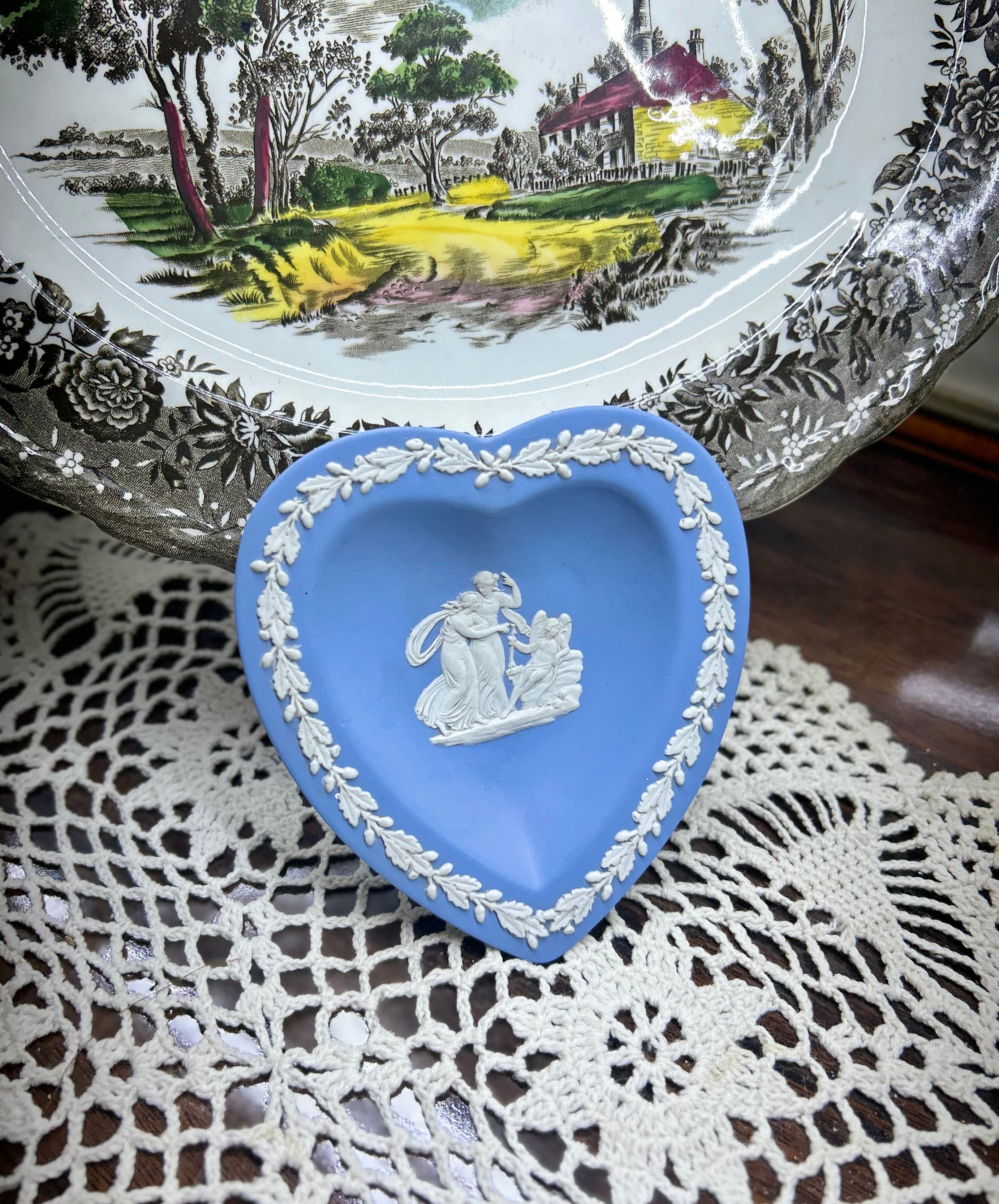 Vintage Wedgwood Jasperware heart-shaped trinket dish — in pale blue with white classical motifs.
