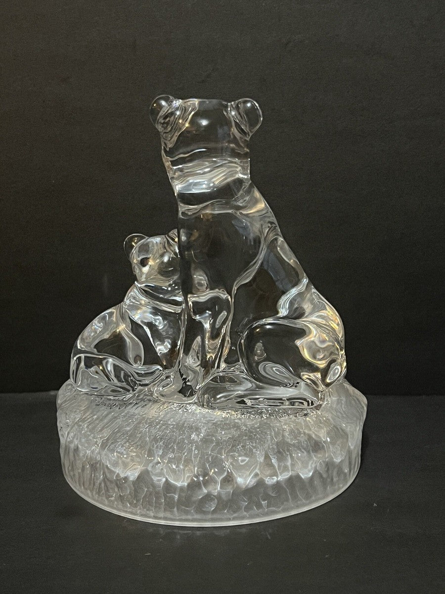 vintage RCR Royal Crystal Rock figurine featuring a clear crystal lioness and cub resting — 6”