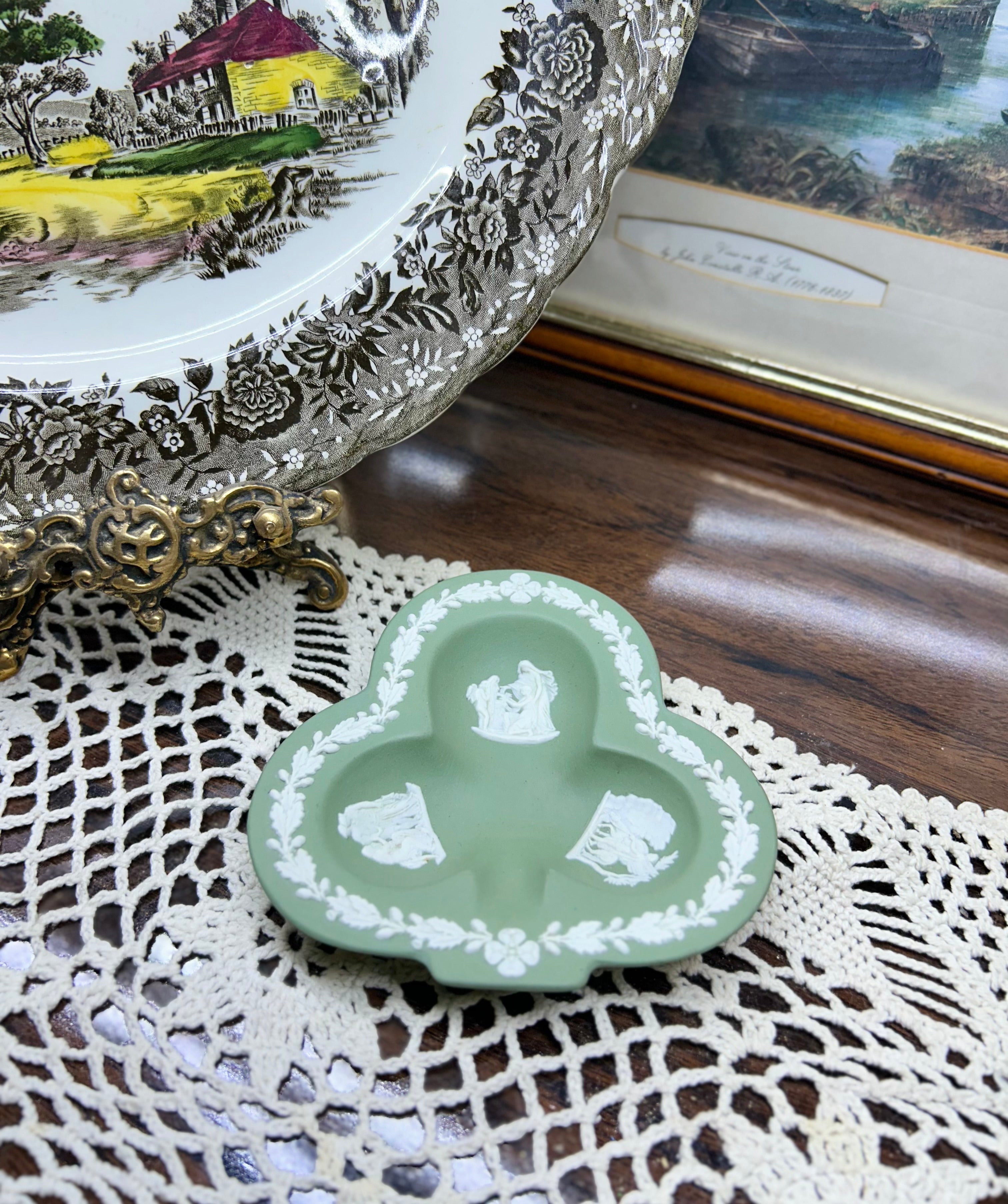 Vintage Wedgwood Sage Green Jasperware clover/club-shaped dish.