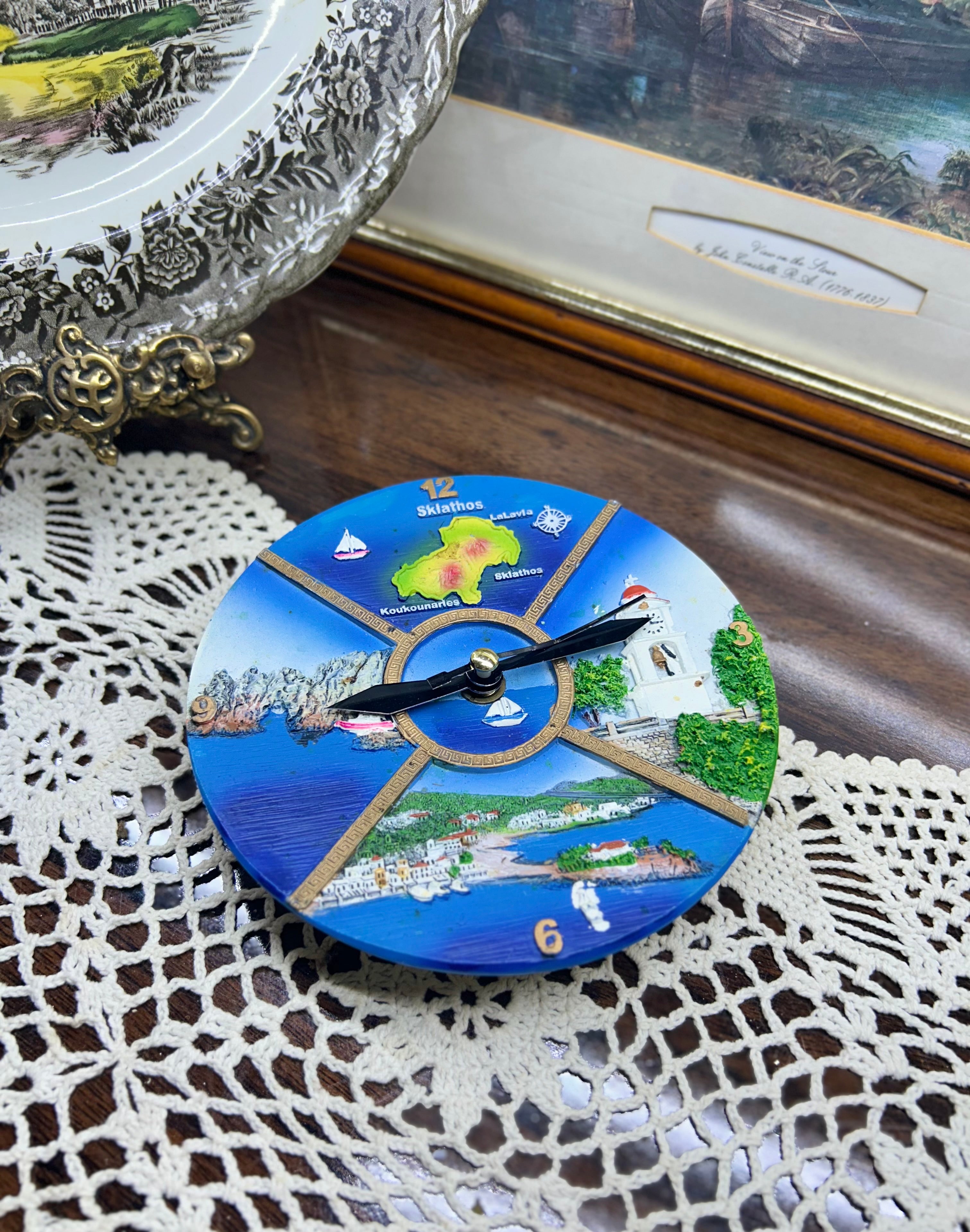 Vintage hand-painted Greek resin Skiathos island clock 5”