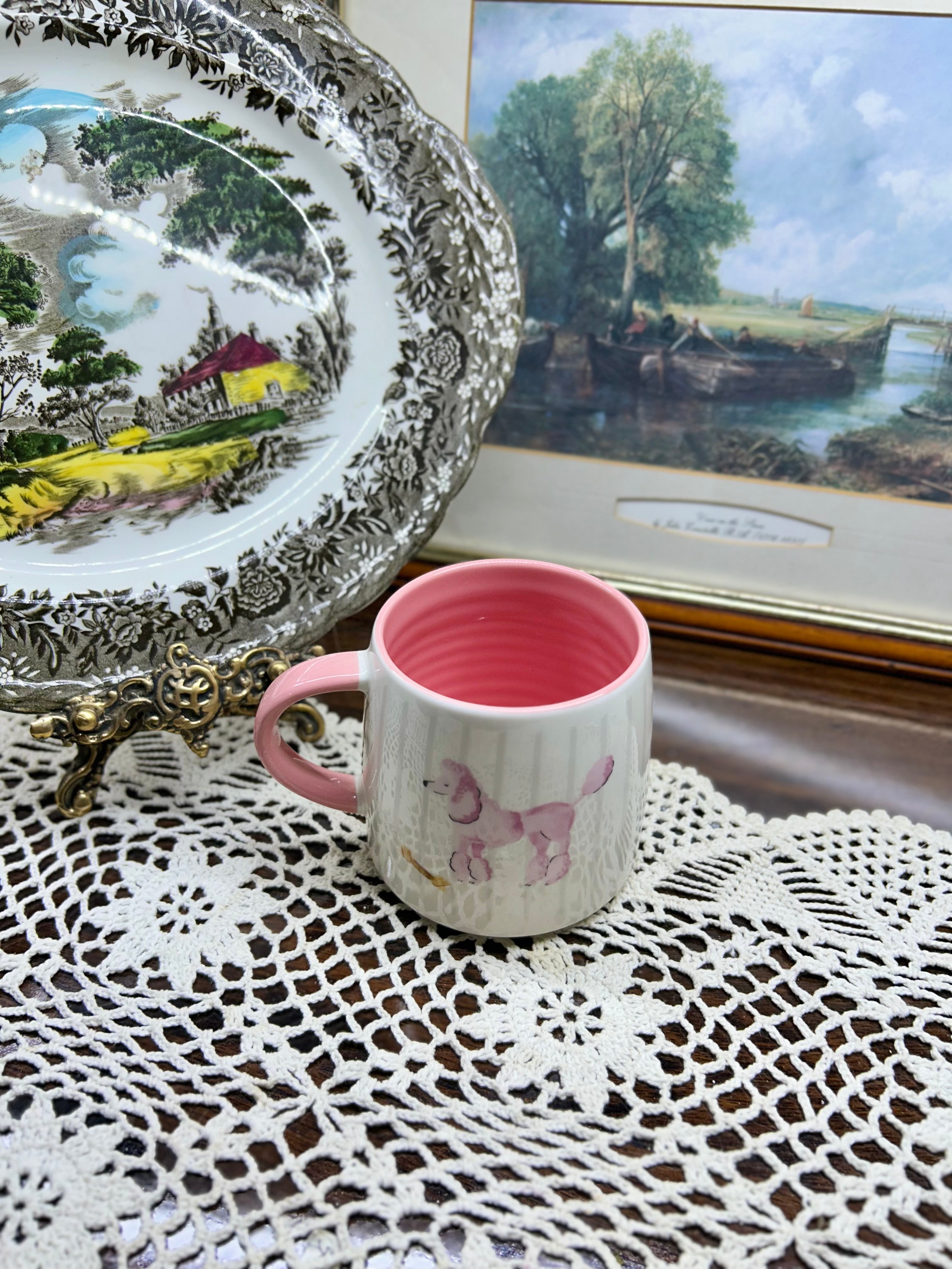 John Lewis painted poodle pink mug