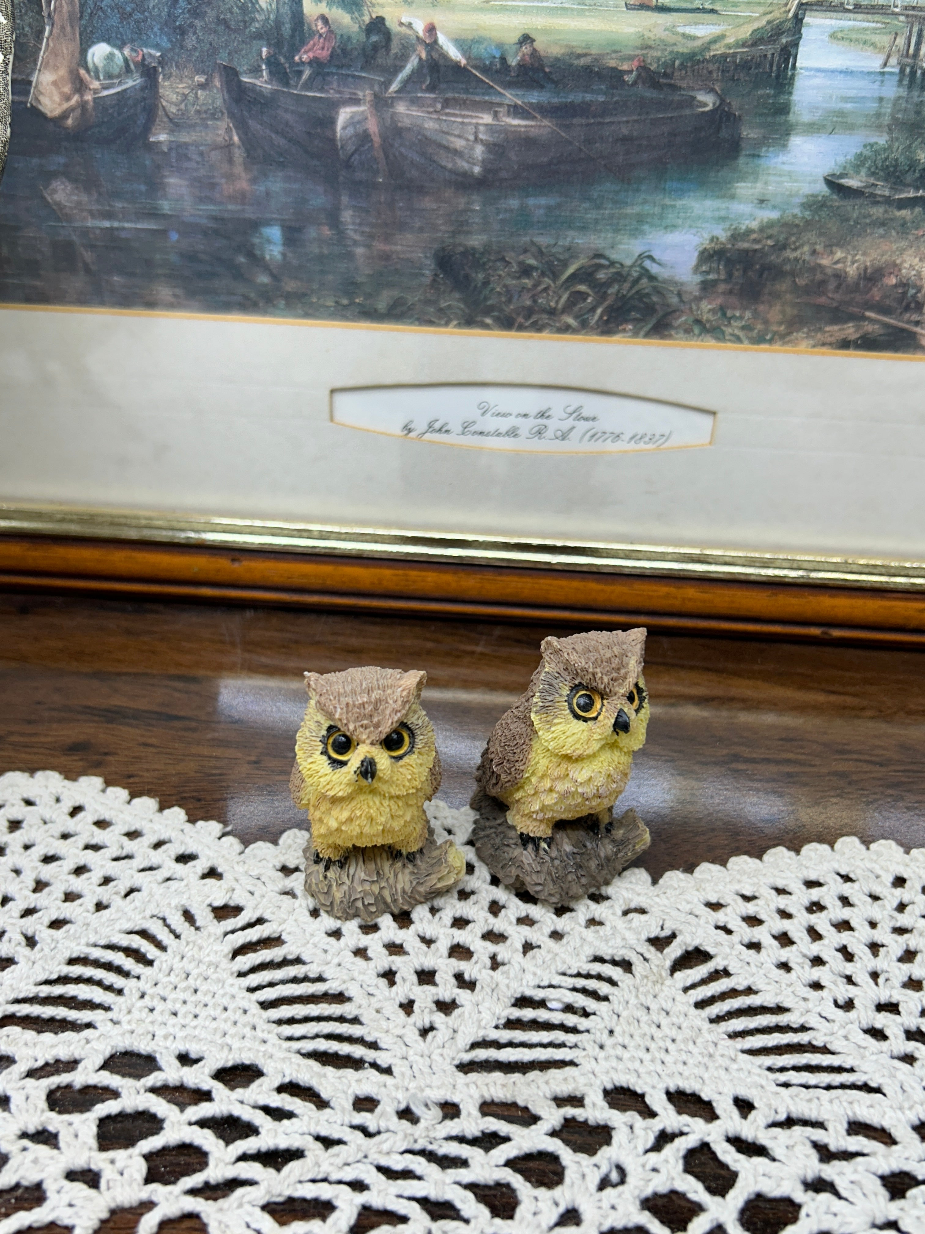 Vintage resin hand-painted owl figurines — pair