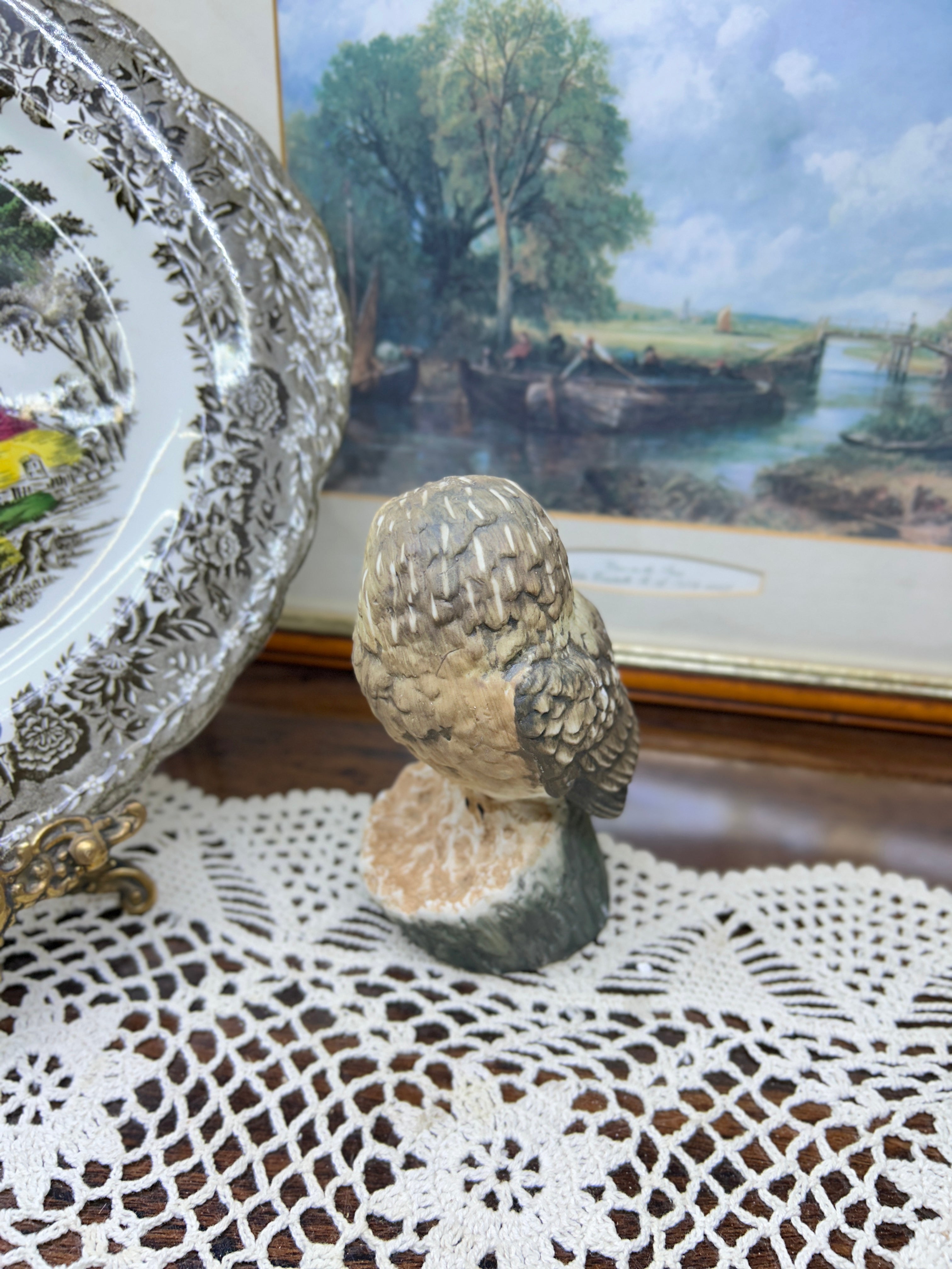 Vintage hand painted owl figurine 5”