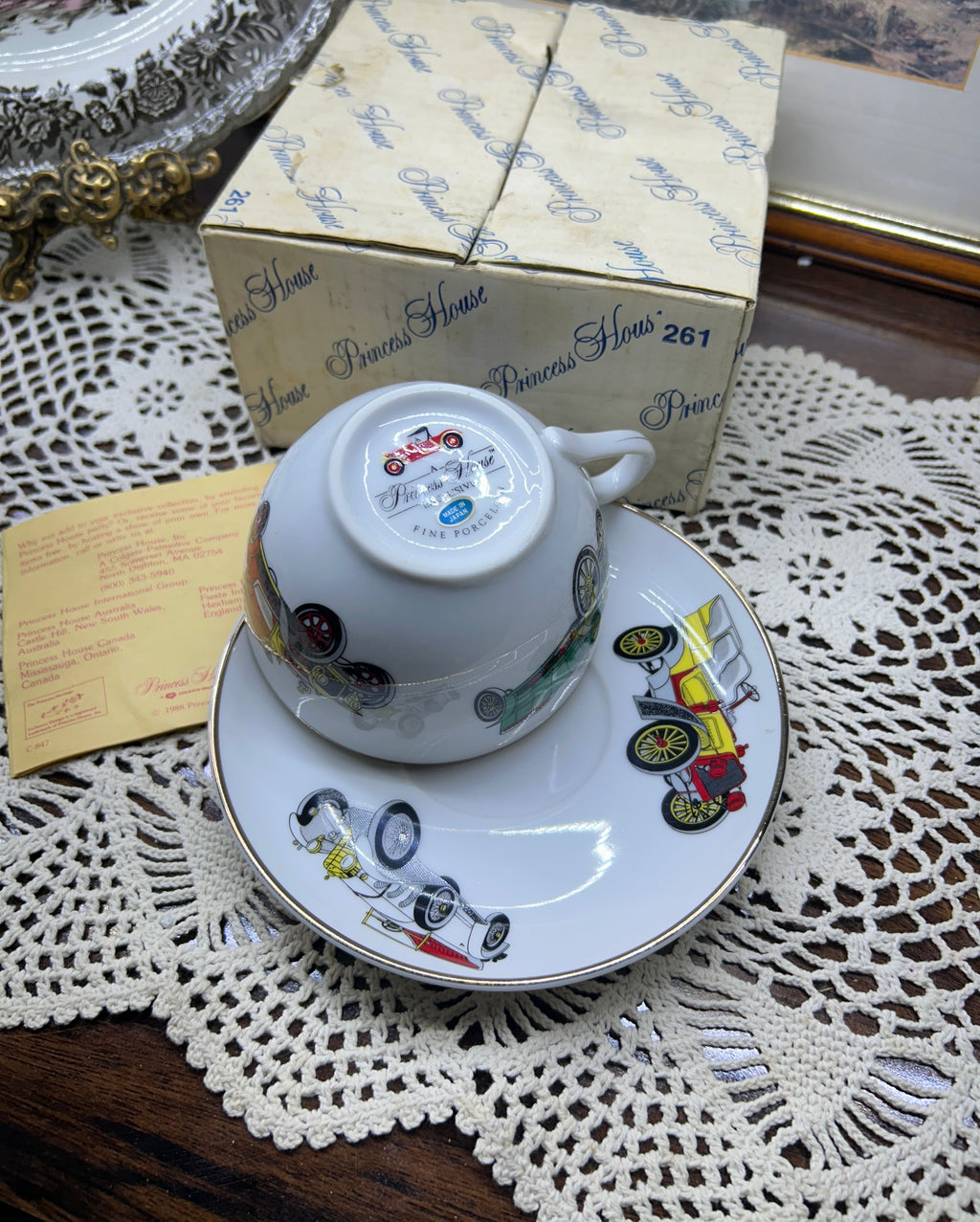 vintage Princess House cup and saucer set with antique car illustrations — Rare find