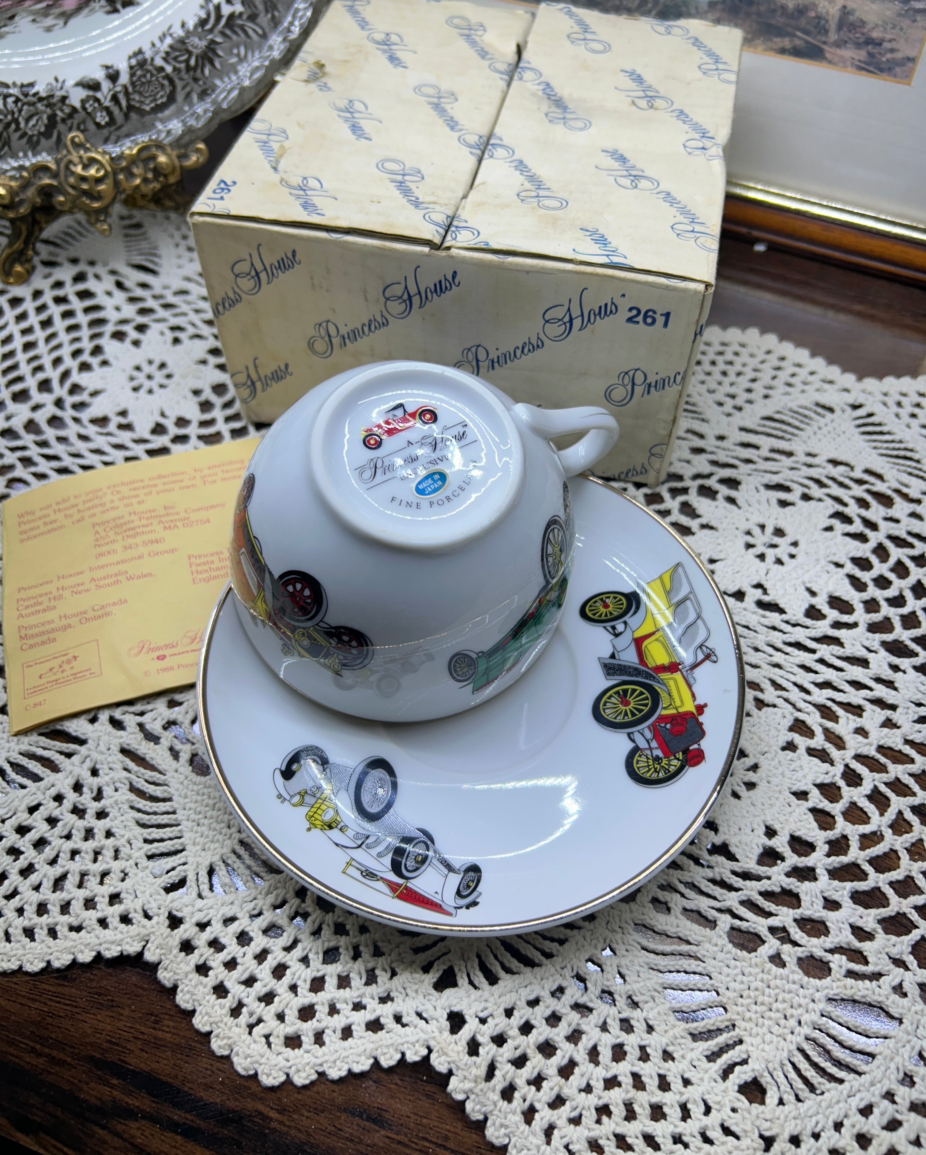 vintage Princess House cup and saucer set with antique car illustrations — Rare find