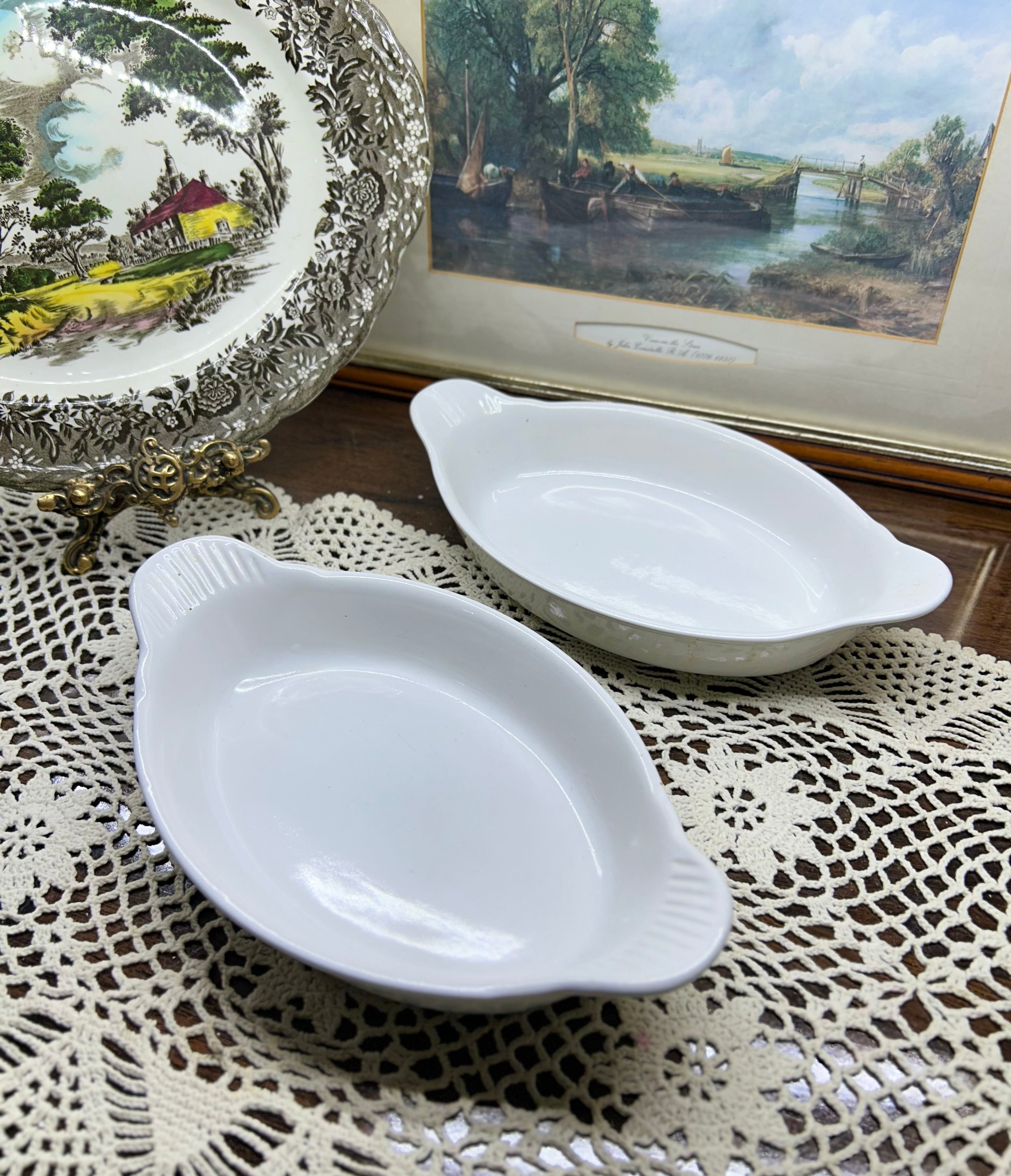 Pair of white porcelain oval porcelain au gratin dish/ french baking dishes