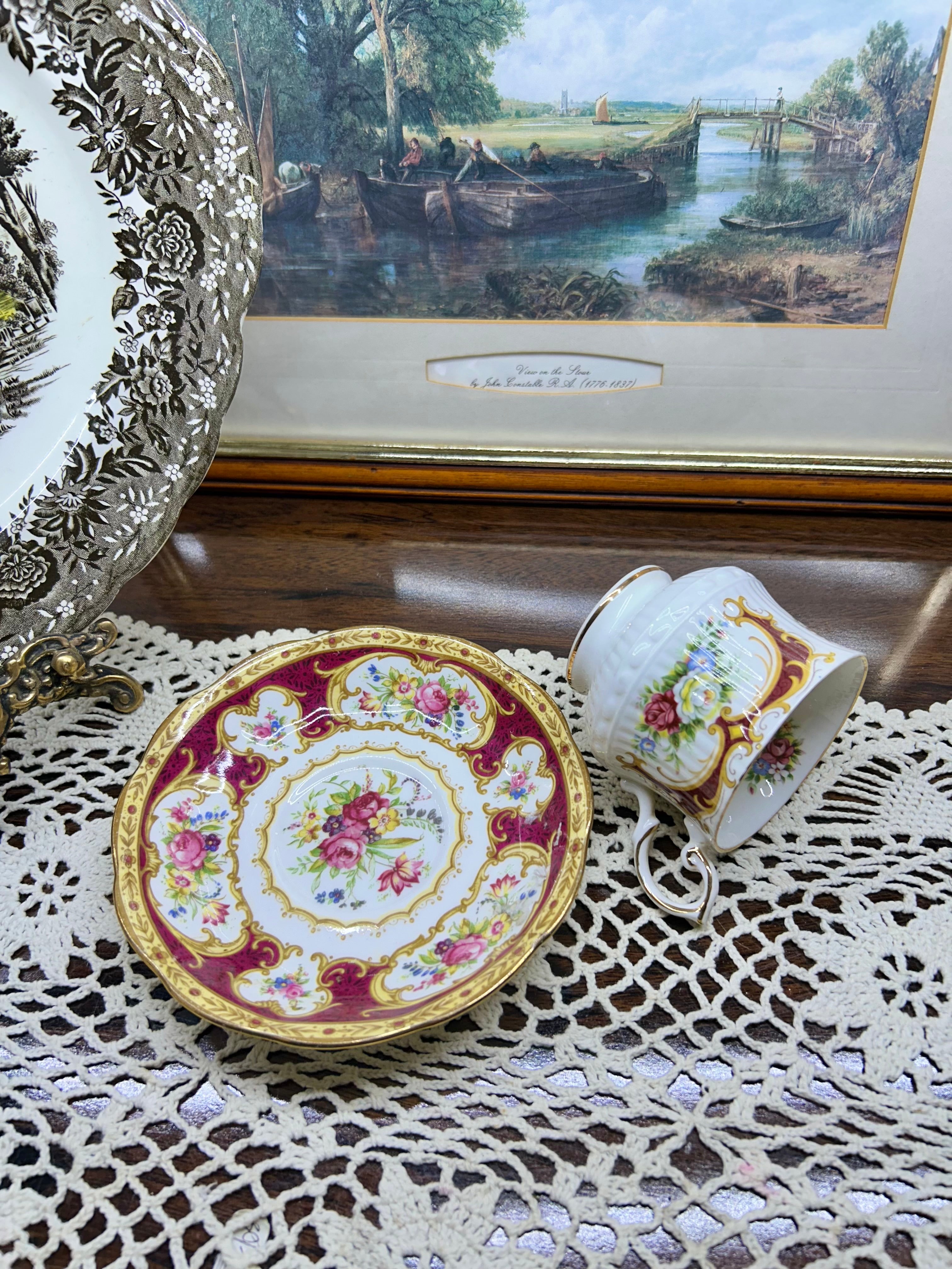 vintage Royal Albert & Queens teacup and saucer in the "Lady Hamilton" pattern — England
