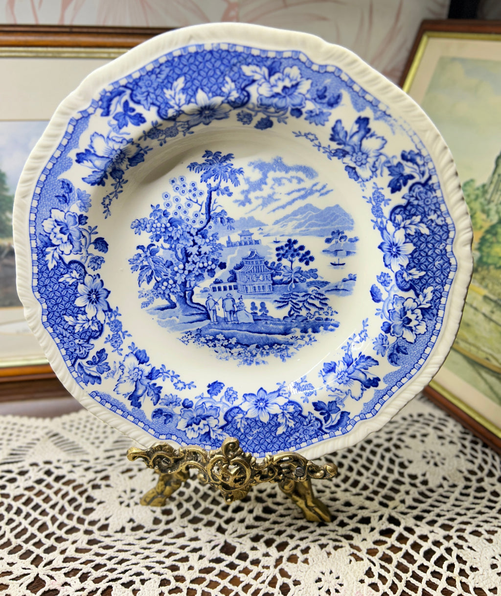 Wood & Sons Seaforth Blue and White Rimmed Soup Bowl, featuring a transferware design of oriental parks and lakes