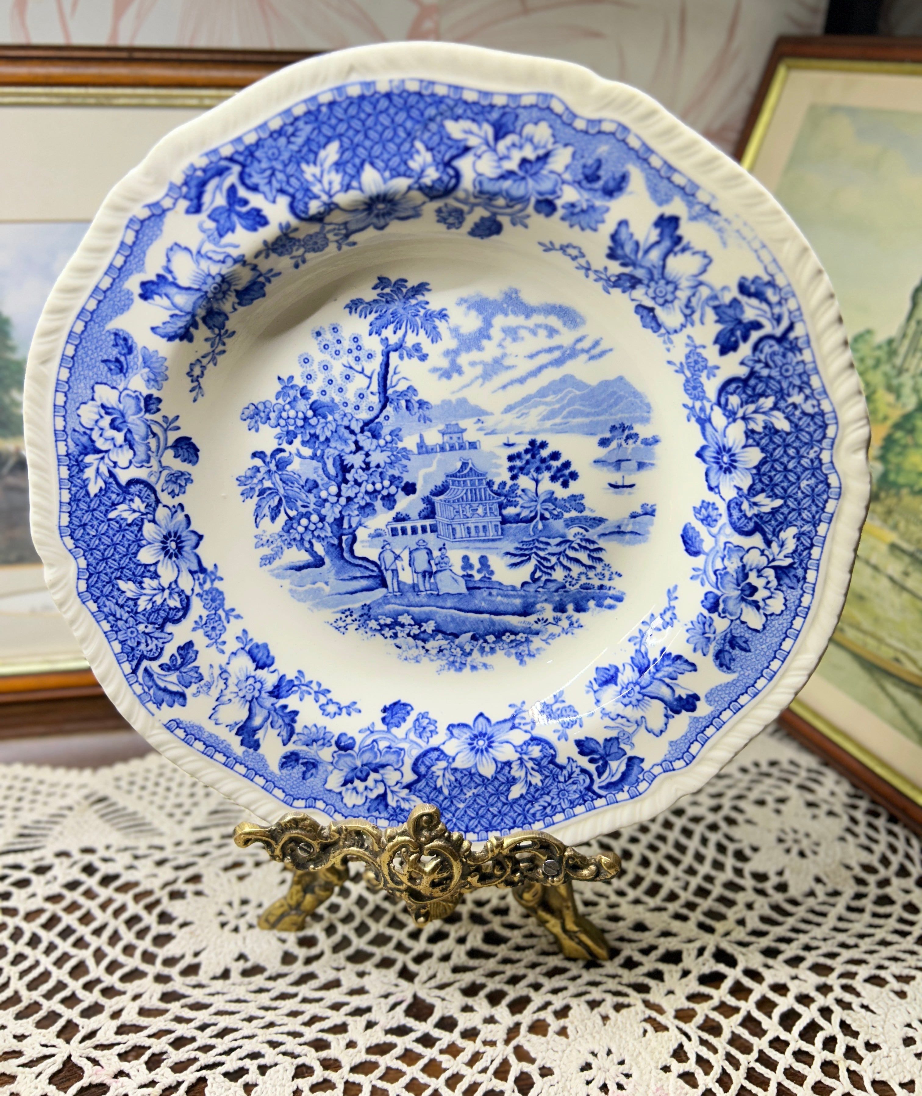 Wood & Sons Seaforth Blue and White Rimmed Soup Bowl, featuring a transferware design of oriental parks and lakes