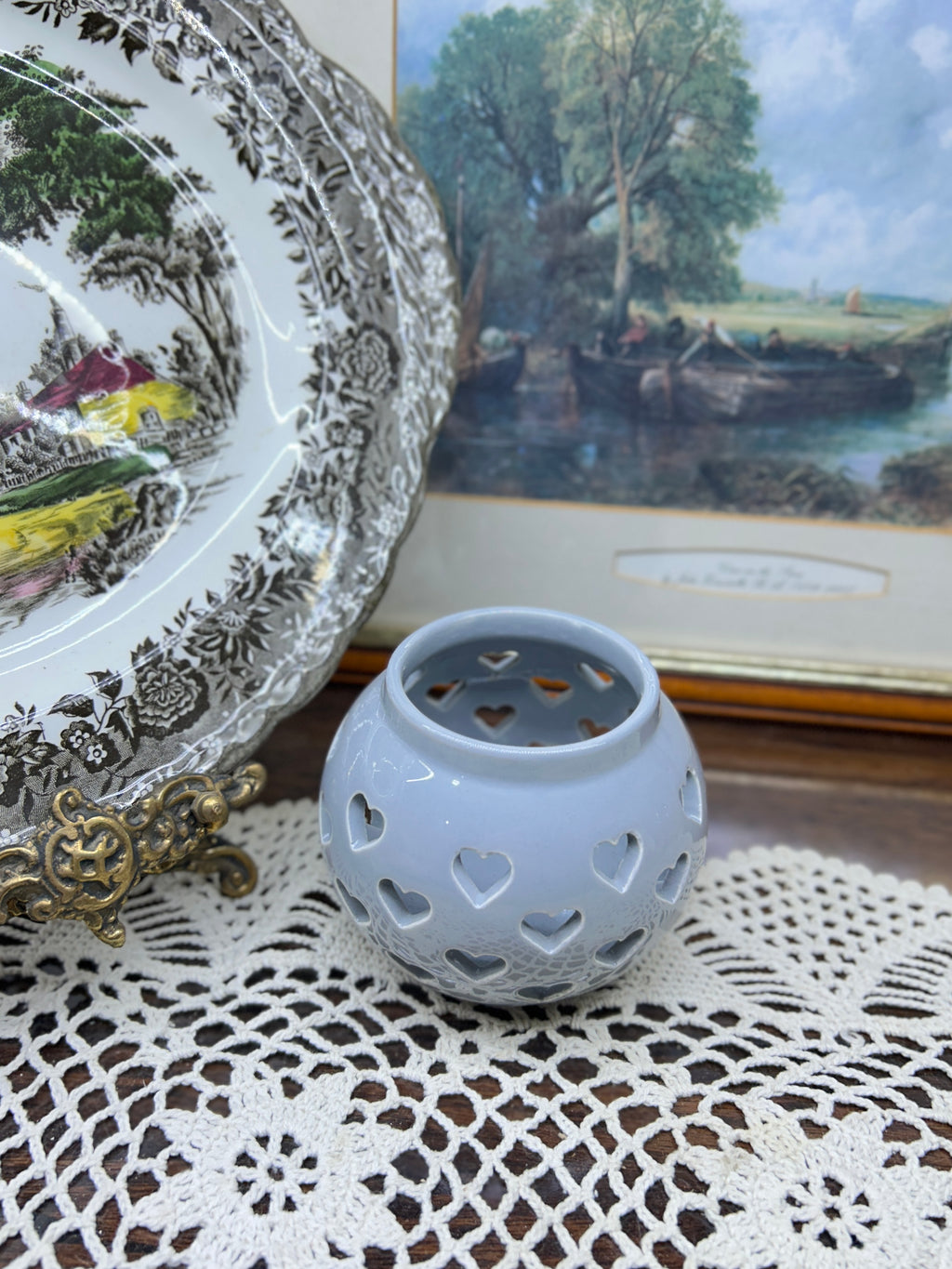 Mini ceramic tea light candle holder with Cutwork design 3”
