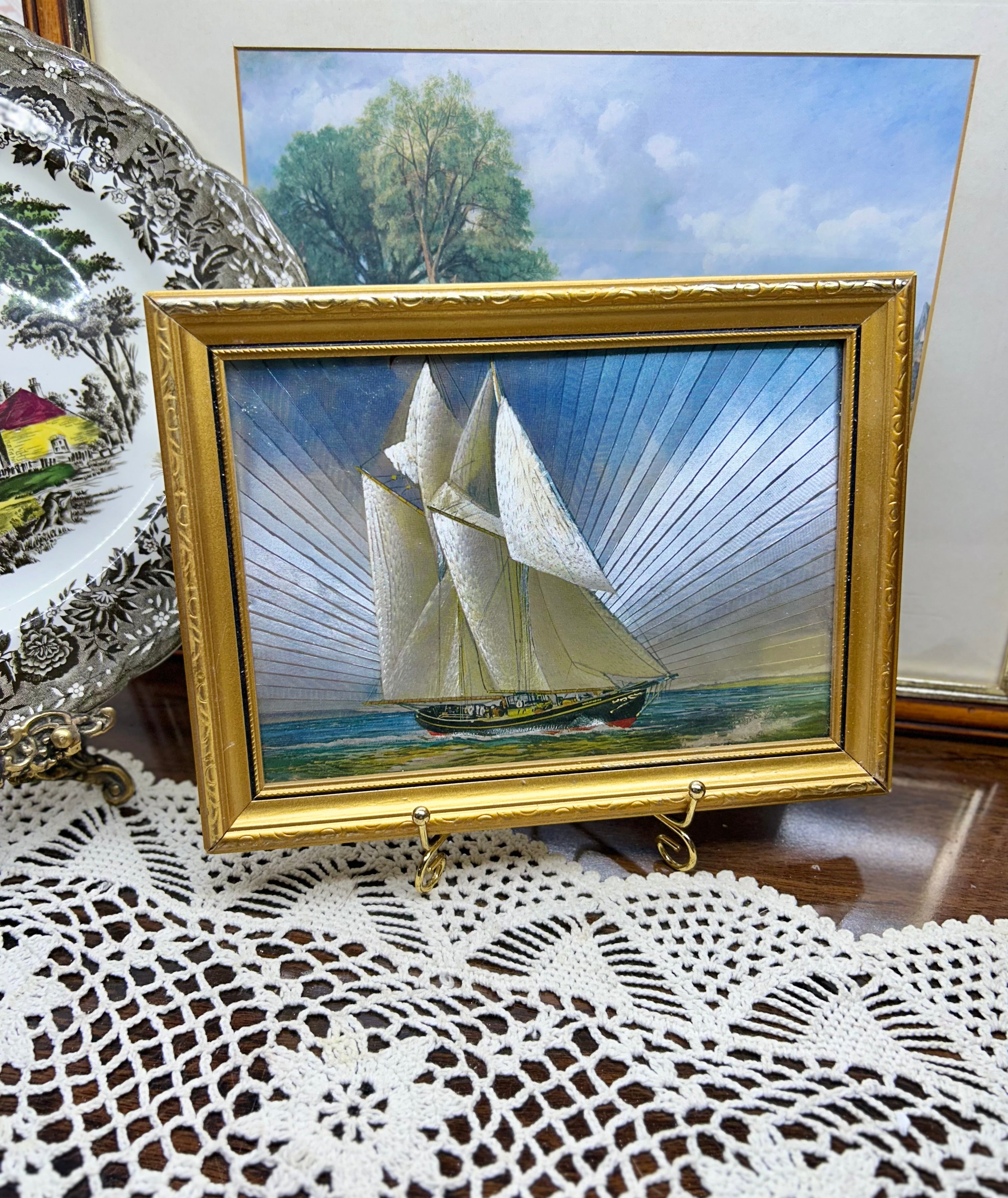 Vintage frame Dulux holographic foil art print depicting a sailing ship