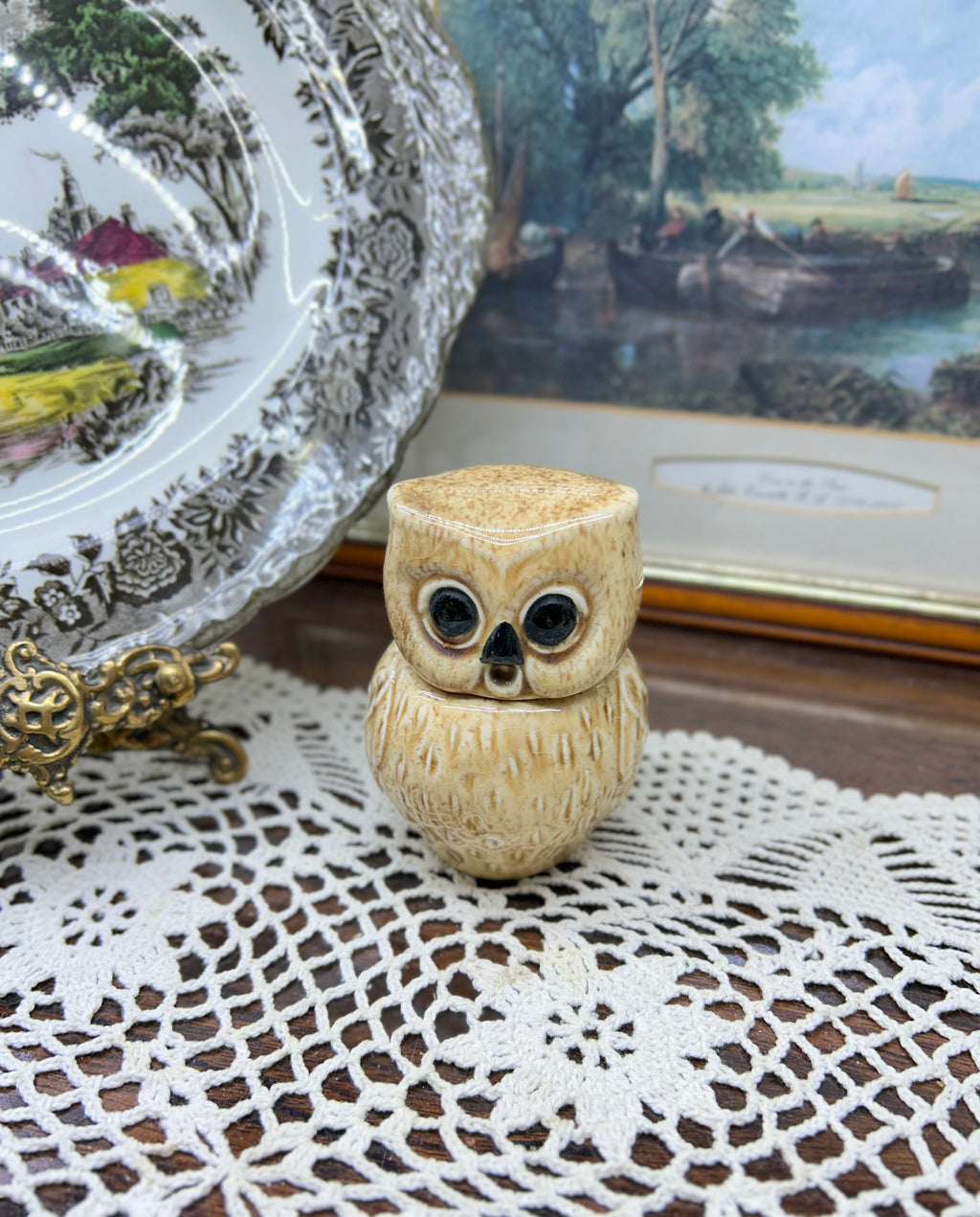 Decorative porcelain owl shaped mini jar — England 4”
