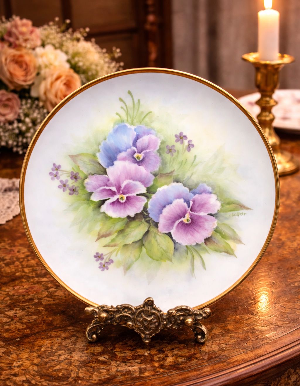 Vintage hand-painted purple pansies wall plate, signed by artist S. Roberts 1993