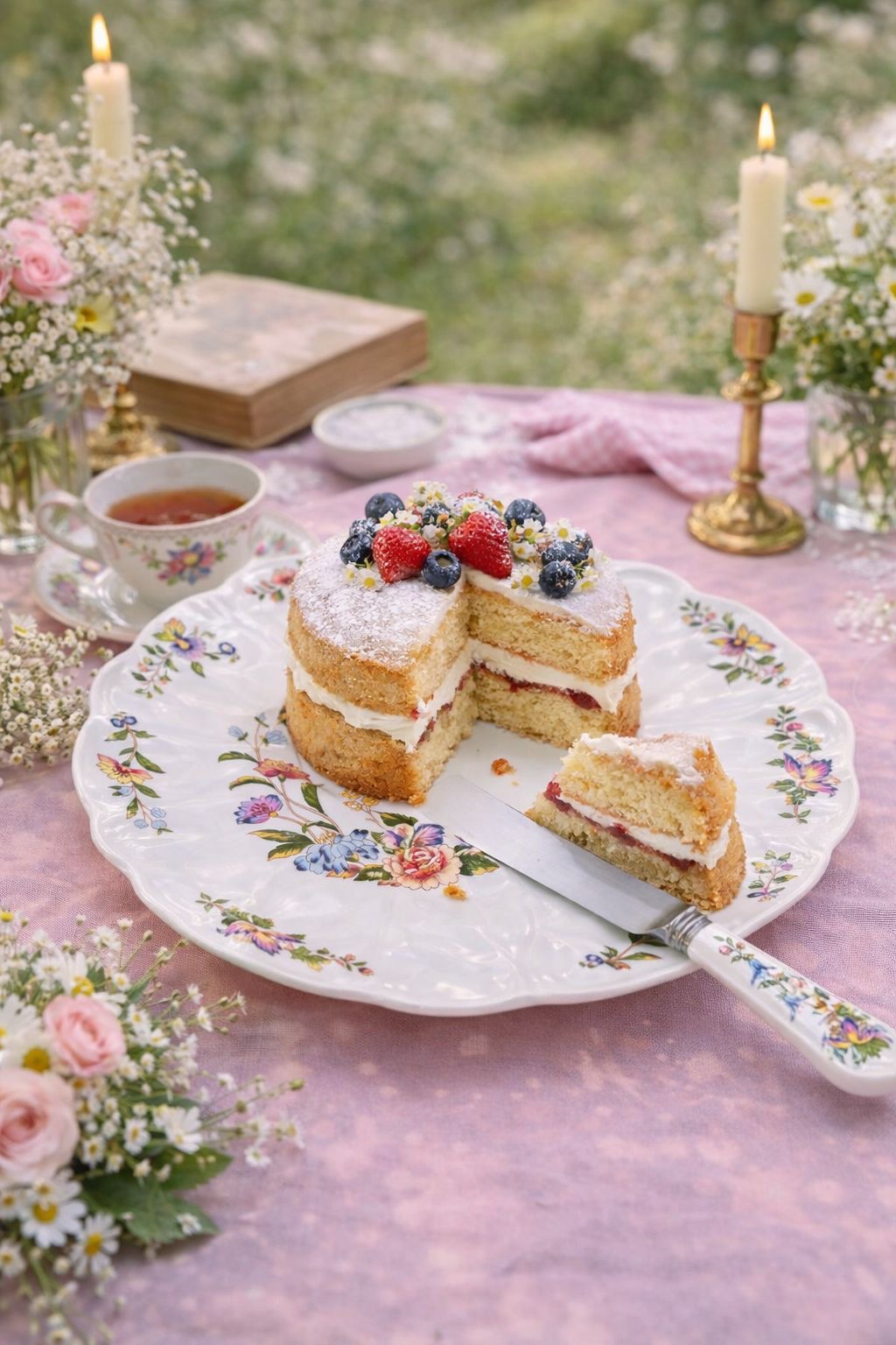 Aynsley “Wild Tudor” cake plate and matching knife — England