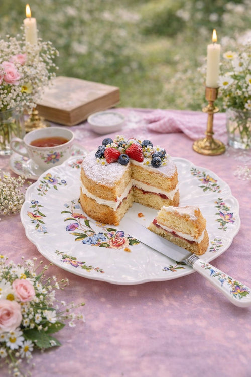 Aynsley “Wild Tudor” cake plate and matching knife — England