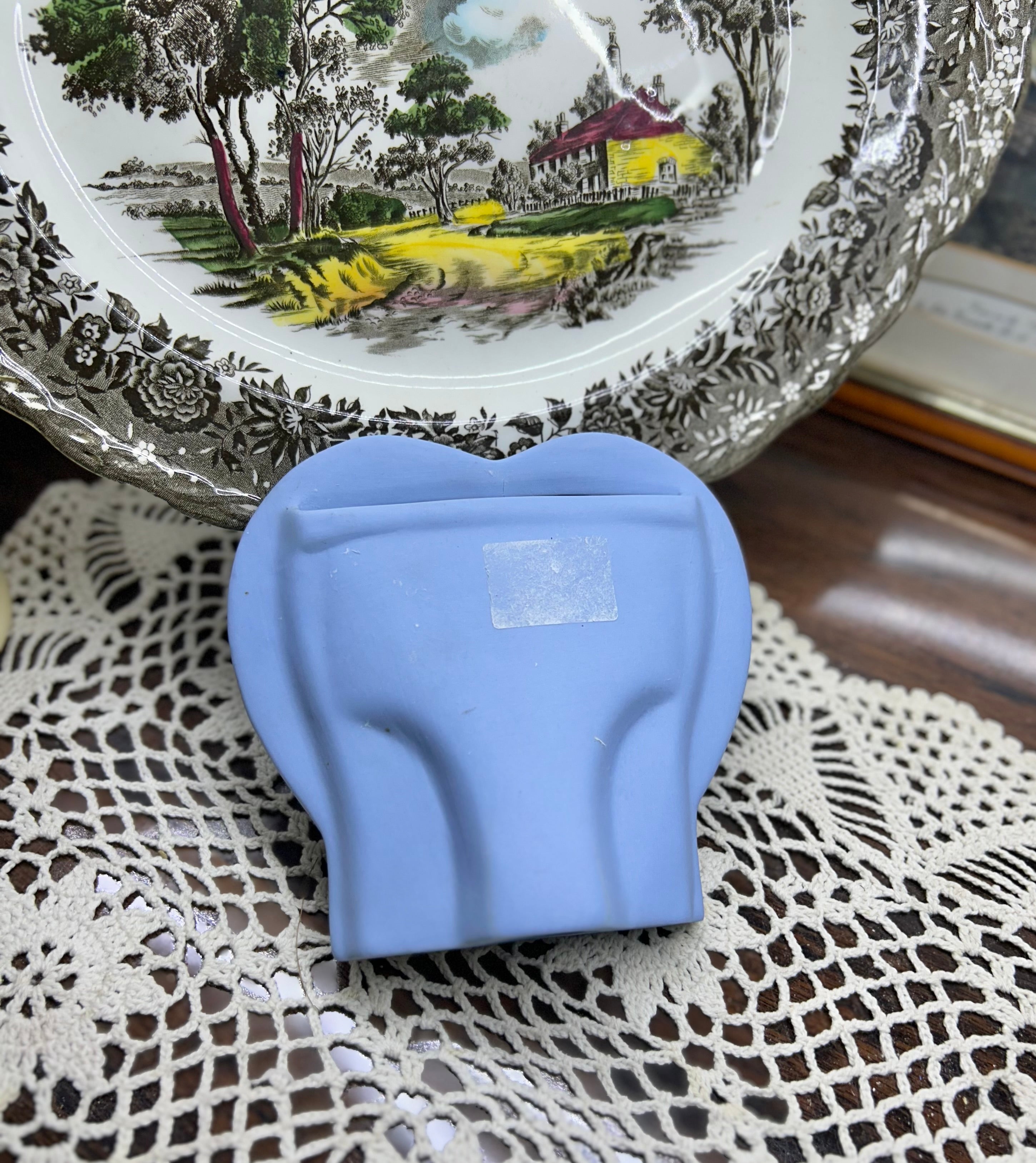 Wedgwood style cameo blue and white lady with roses heart shaped photo frame
