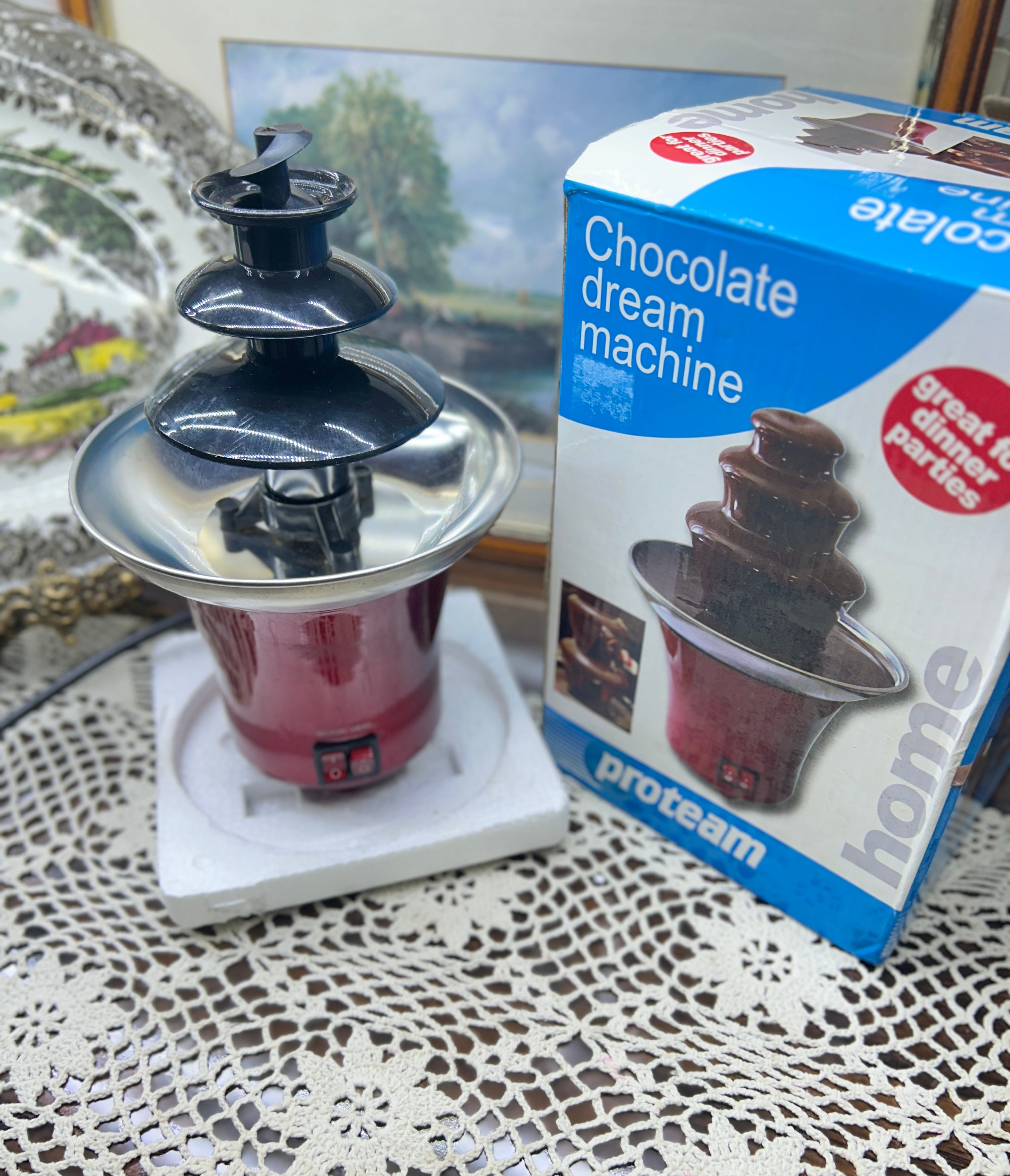 Proteam Chocolate Dream Machine, a mini electric 3-tier fondue fountain designed for dipping fruits and treats — boxed