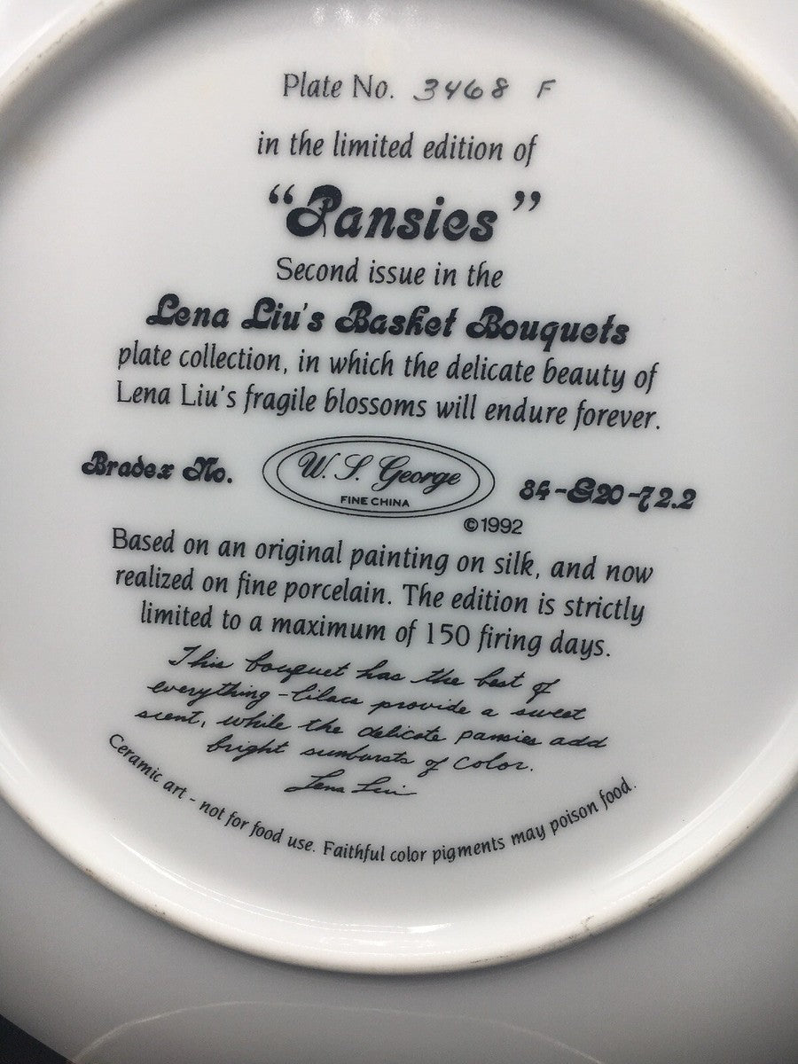 Lena Liu's Basket Bouquets "Pansies" Collectors Plate 8” by WS George, 1992 LIMITED EDITION