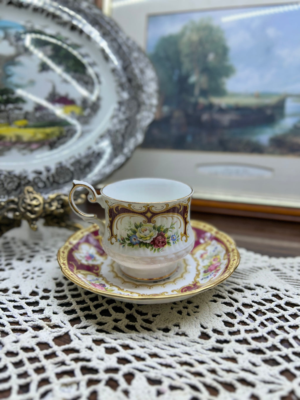 vintage Royal Albert & Queens teacup and saucer in the "Lady Hamilton" pattern — England