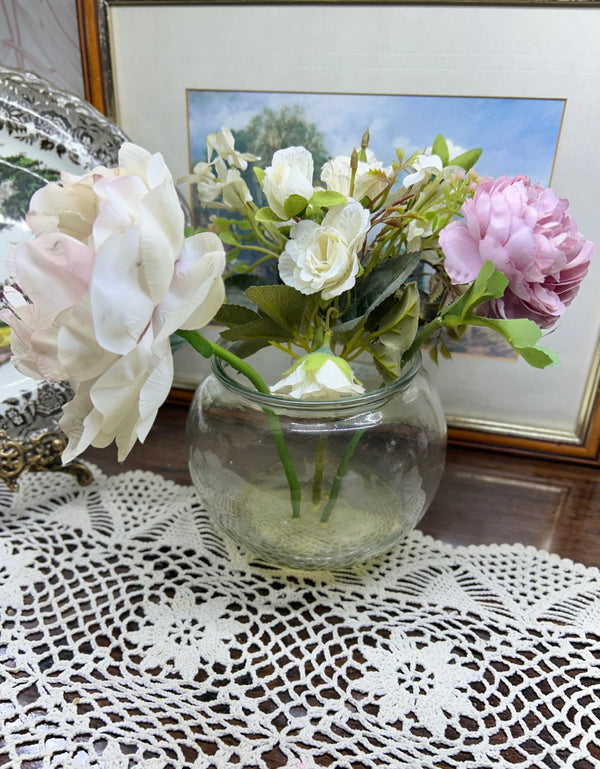 Decorative faux pink peonies & roses arrangement in gel glass vase