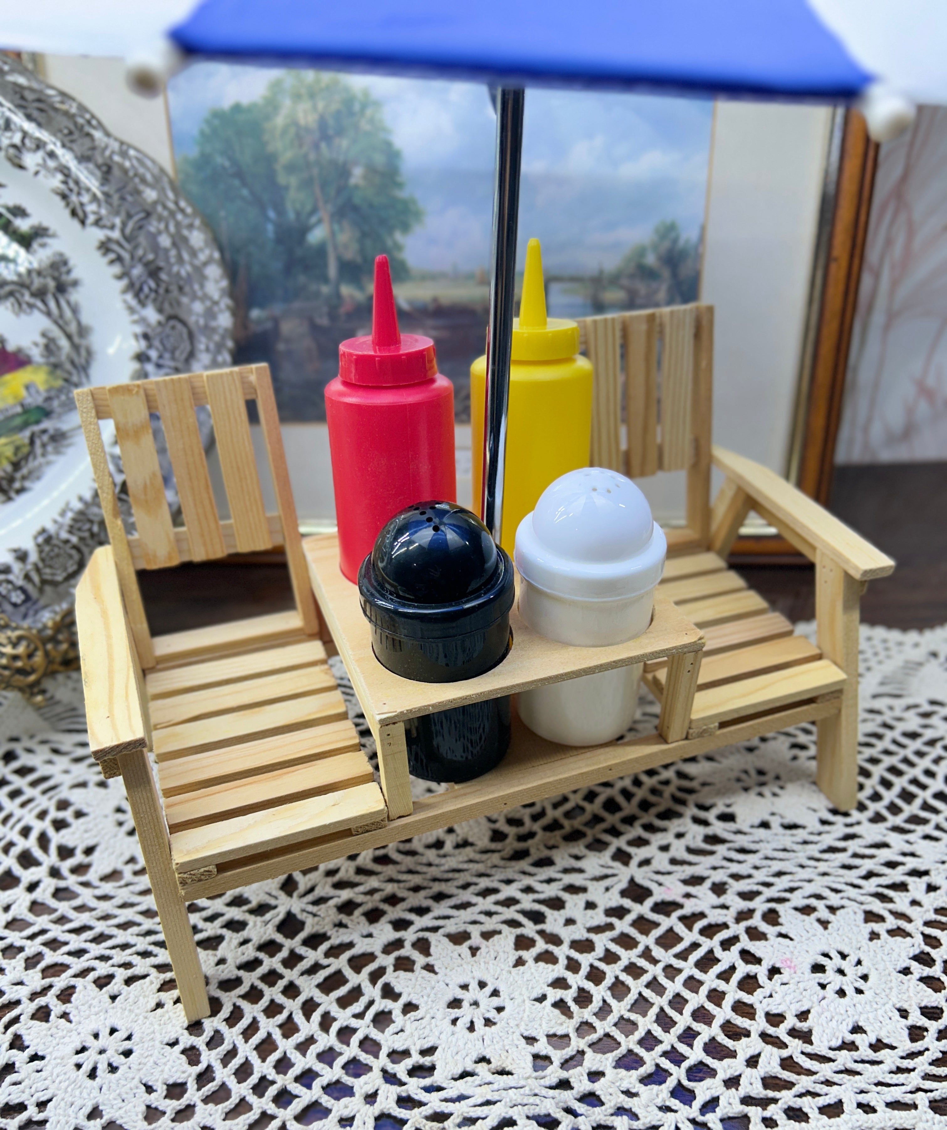 Double Beach Lounger Condiment Set" featuring a beach-themed  design