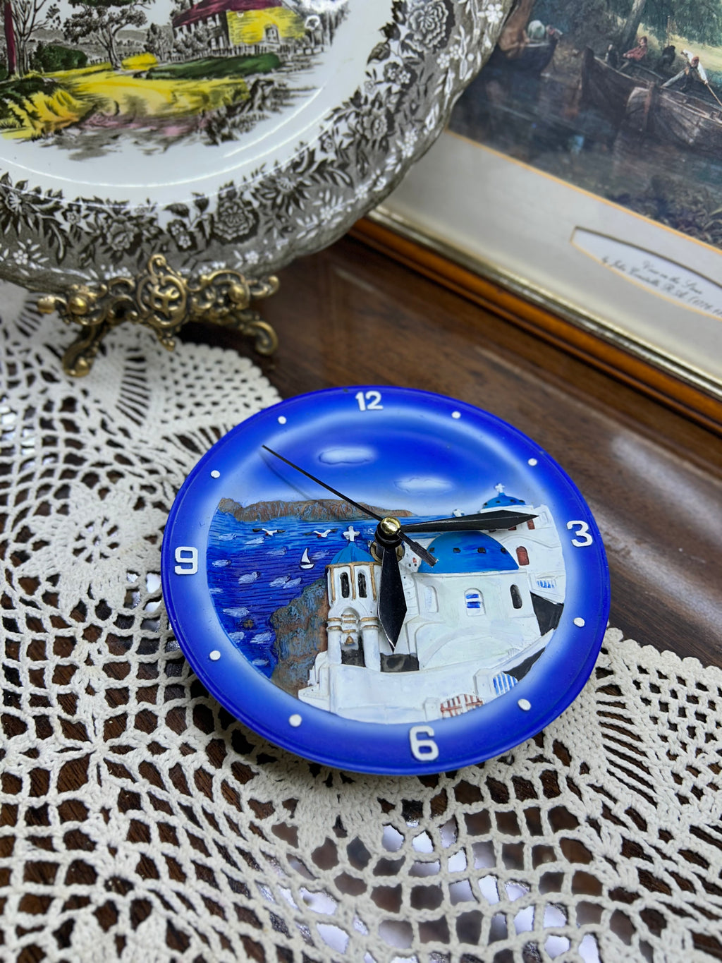 Vintage SANTORINI Mediterranean hand-painted resin clock 5” — Greece