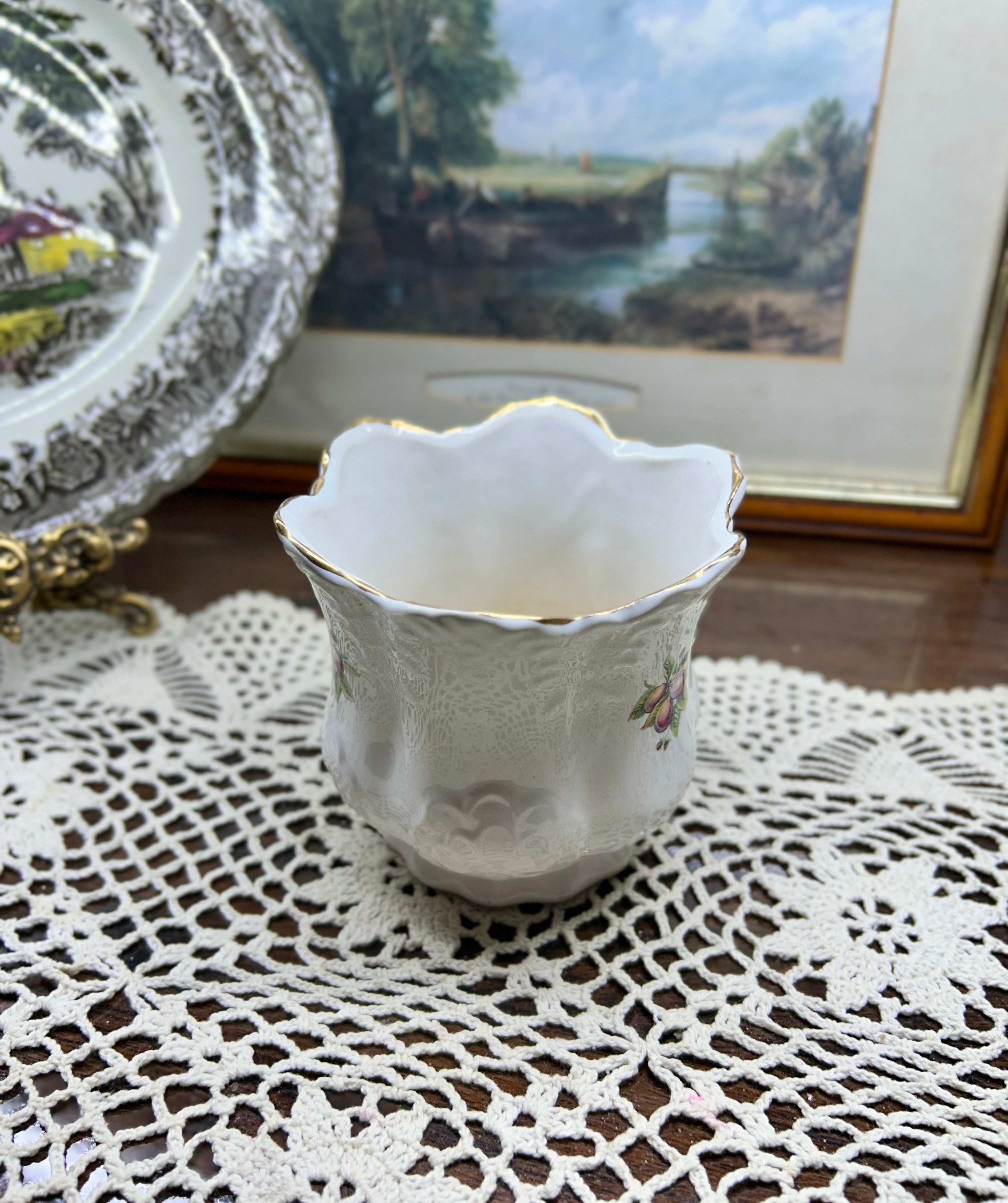 Vintage decorative porcelain floral planter pot with gold trim — England