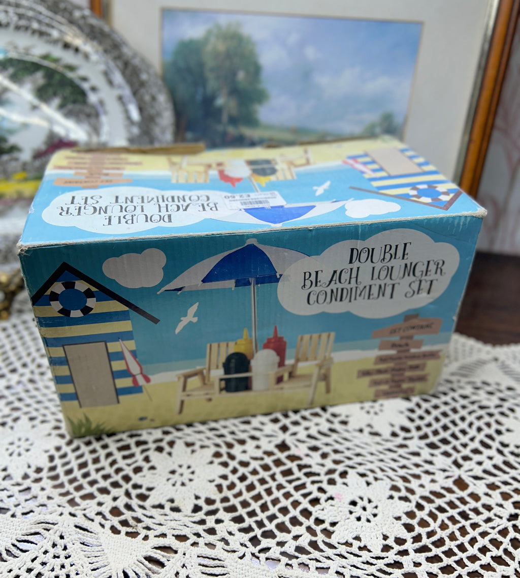 Double Beach Lounger Condiment Set" featuring a beach-themed  design