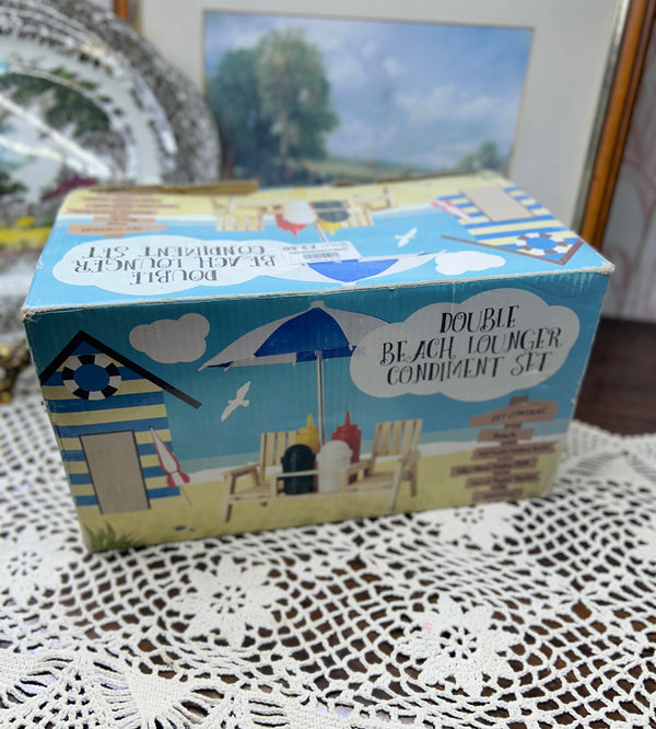 Double Beach Lounger Condiment Set" featuring a beach-themed  design