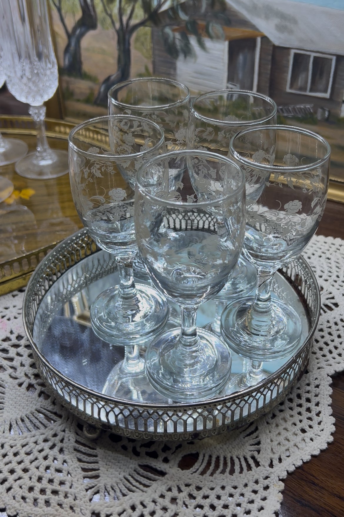 Libbey "Rose Bouquet" sherry glasses feature a delicate etched floral pattern — Set of 6