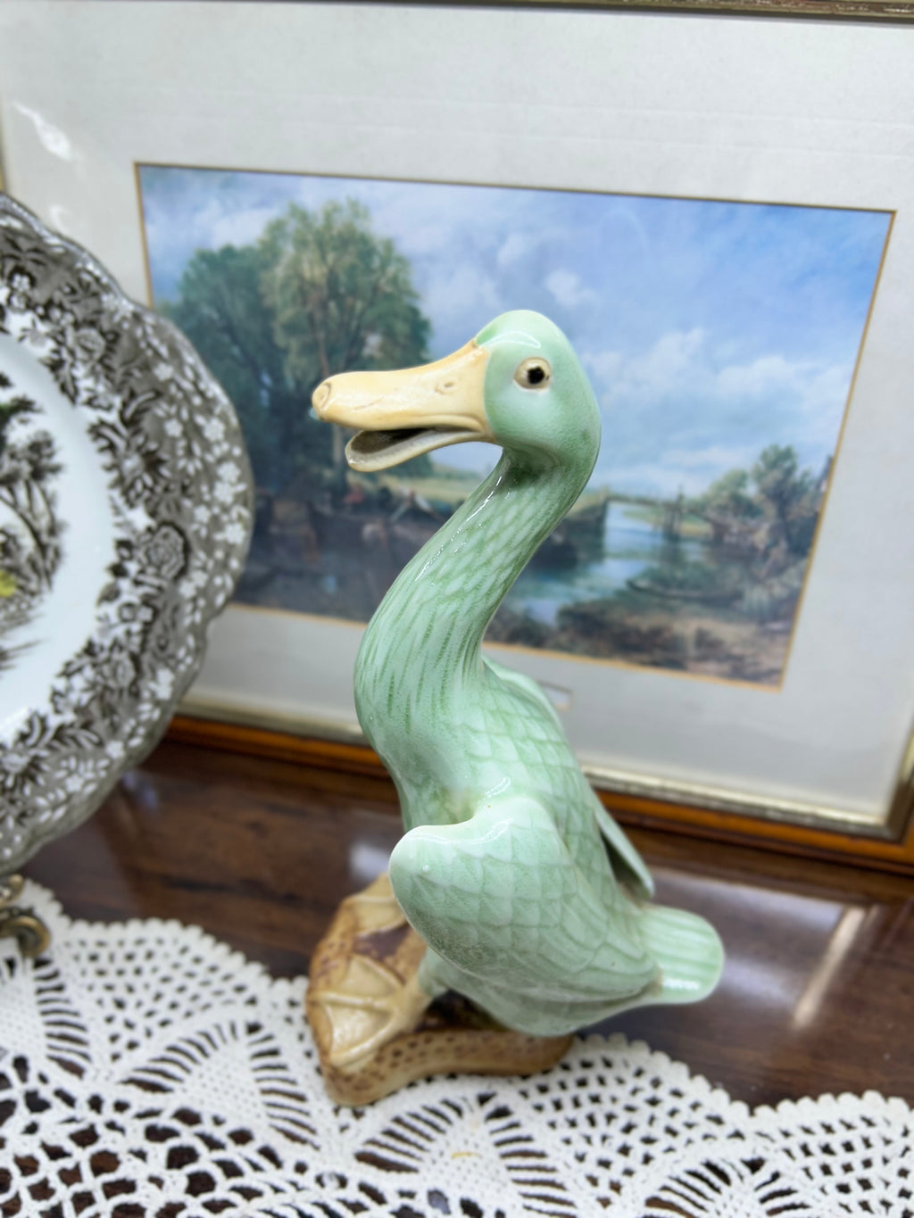 vintage Chinese celadon green glazed porcelain duck figurine