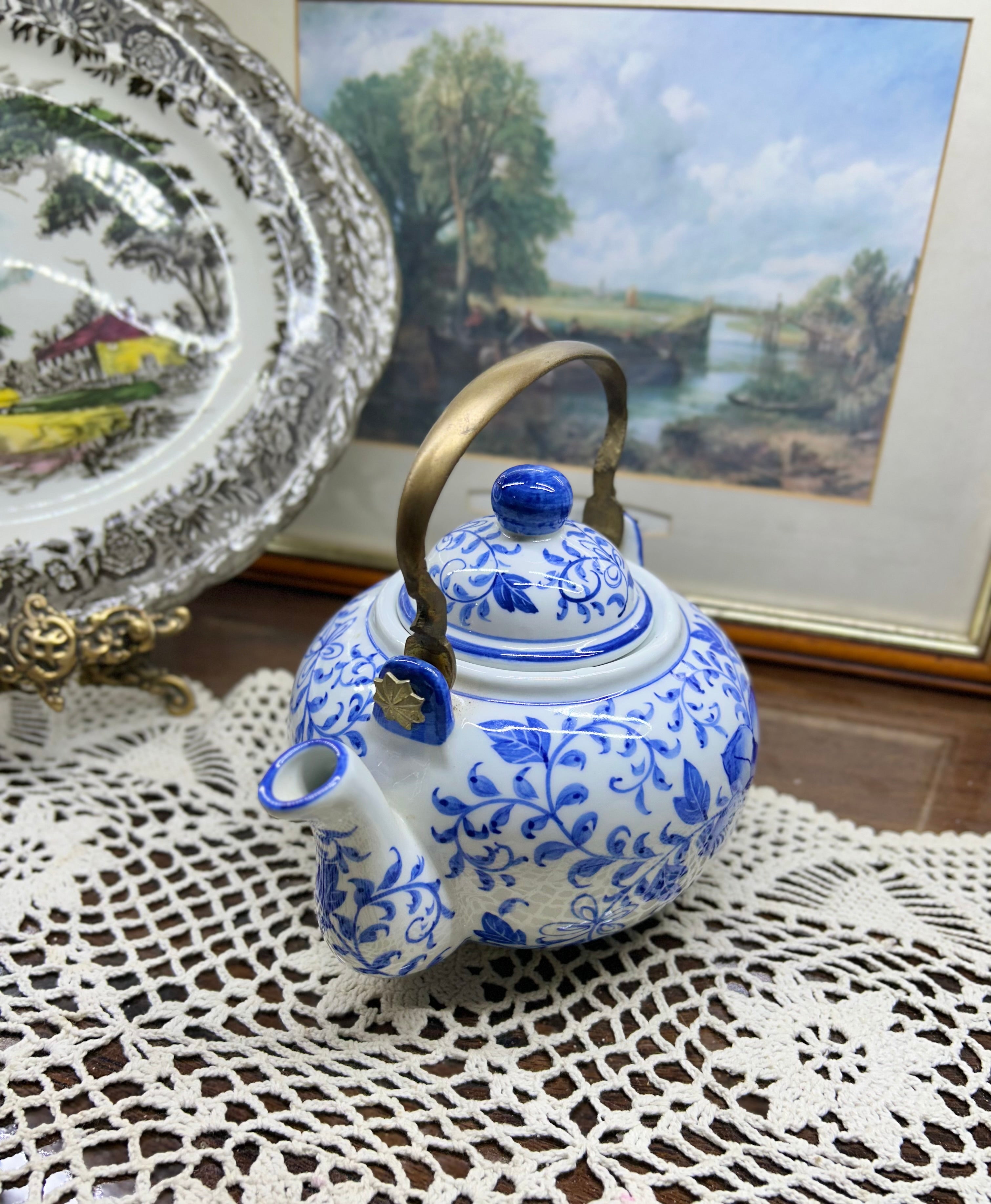 Vintage Chinese hand-painted teapot with brass handle