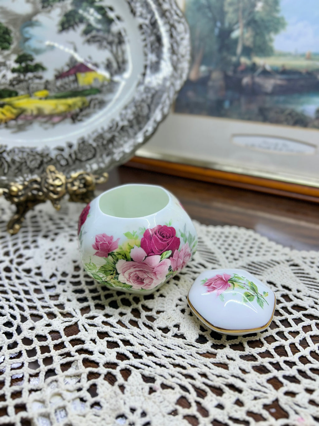 Vintage crown floral preserve pot — England