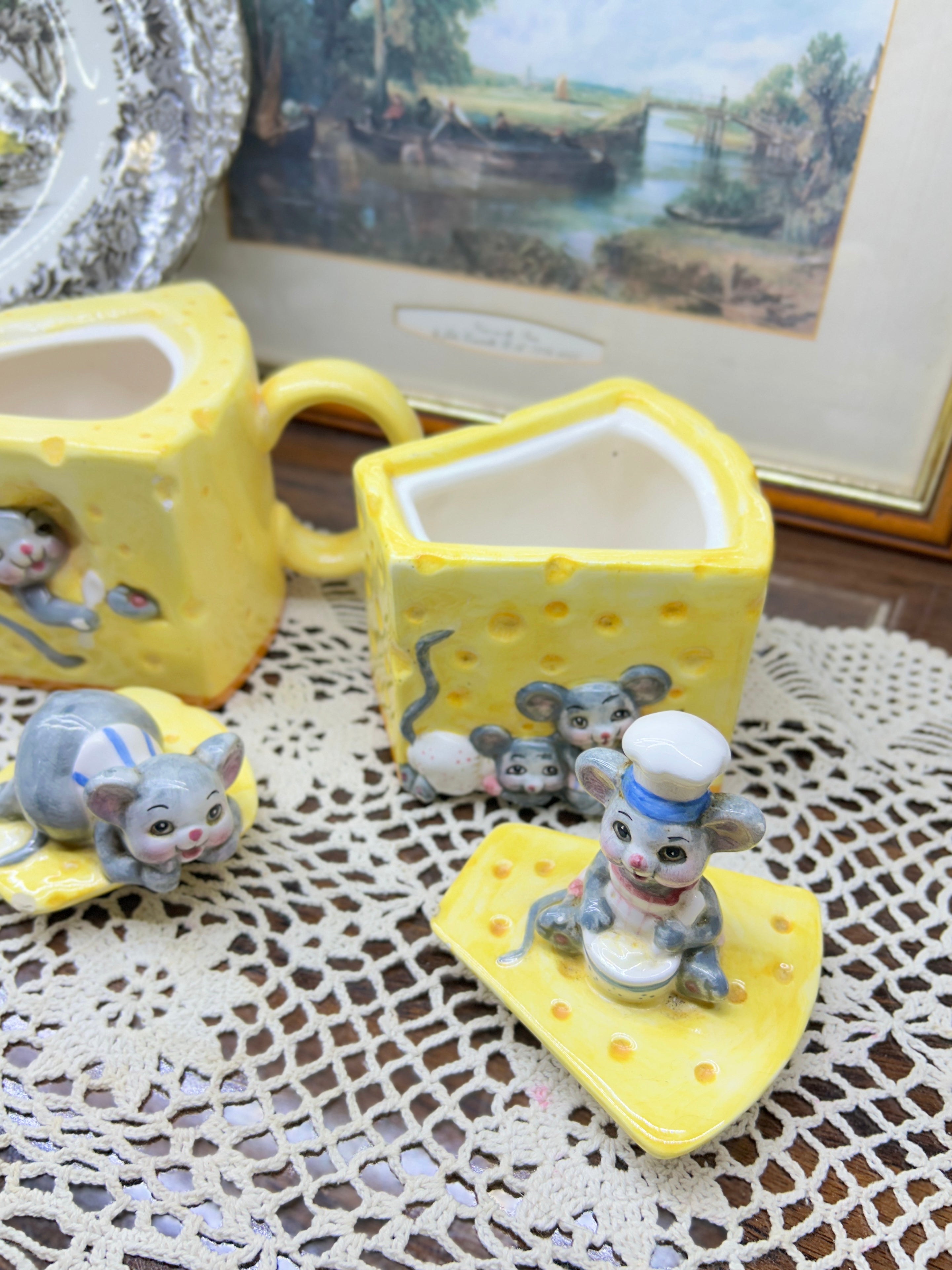 Vintage collectible hand-painted Swiss cheese tea serving set with mice figures
