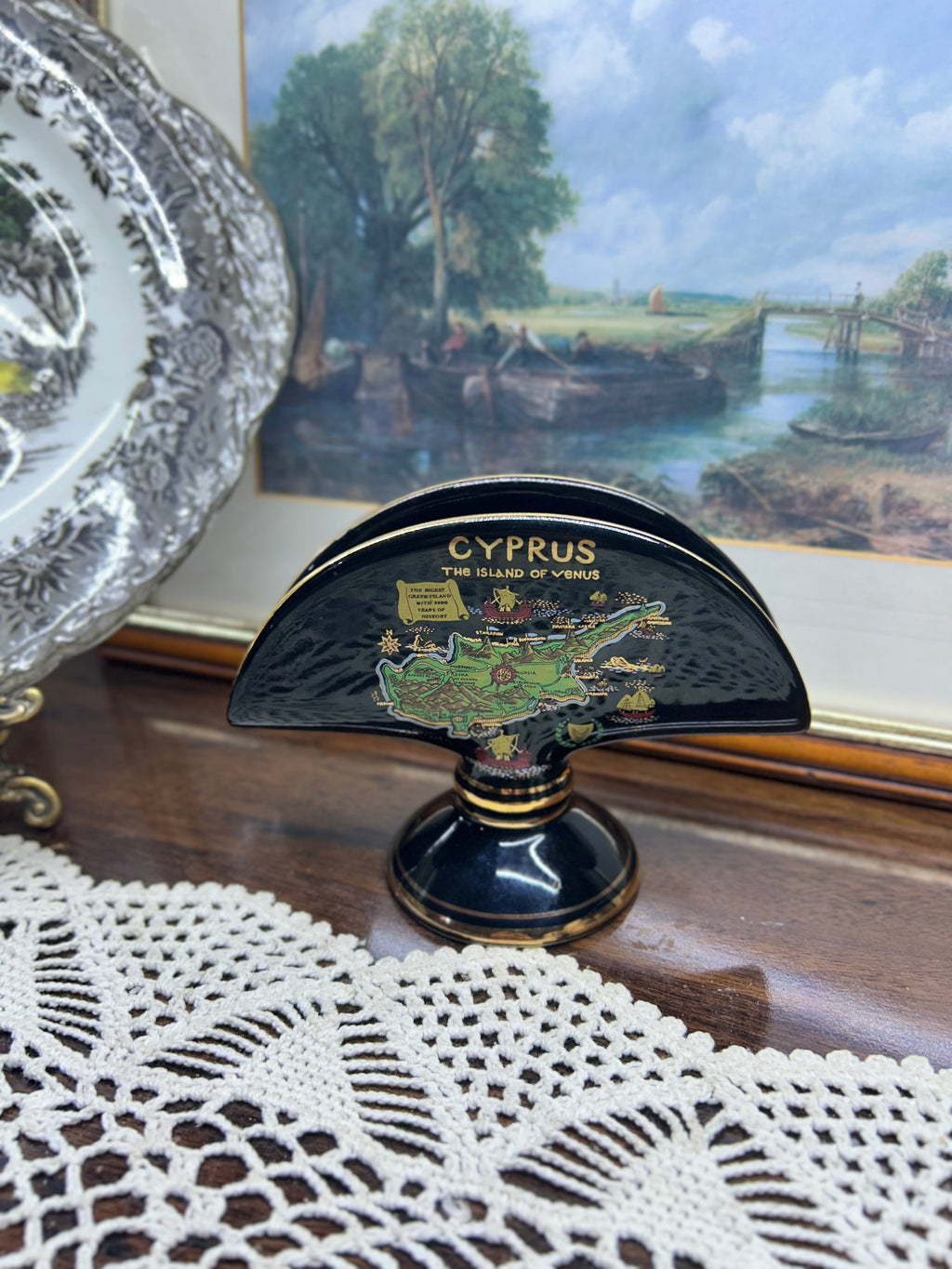 Vintage Stamped Hand Made in GREECE Black 24K Gold Decor CUPRUS Napkin Holder