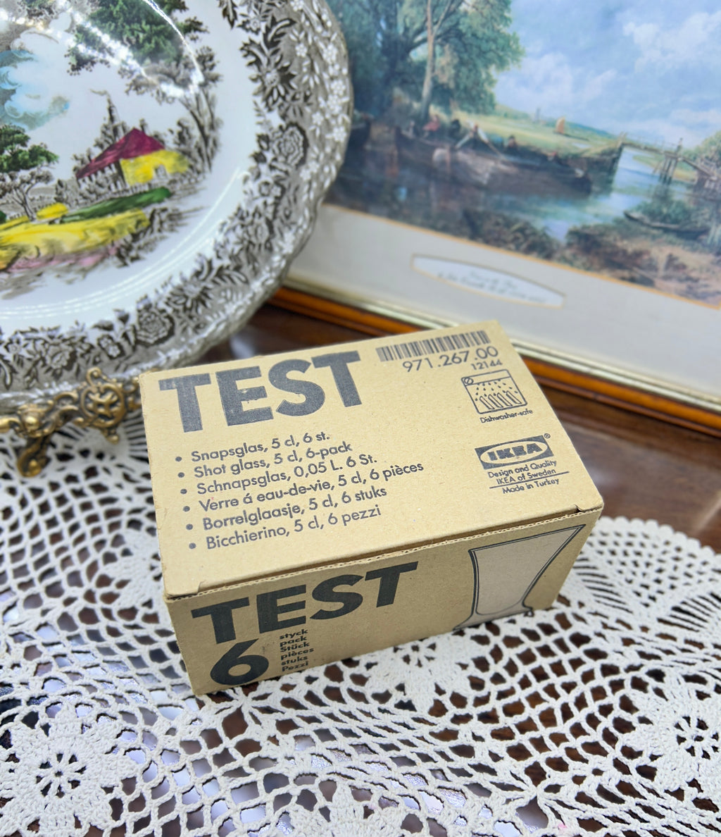 IKEA Art Déco 1950s shot glasses with colorful confetti dot design — boxed