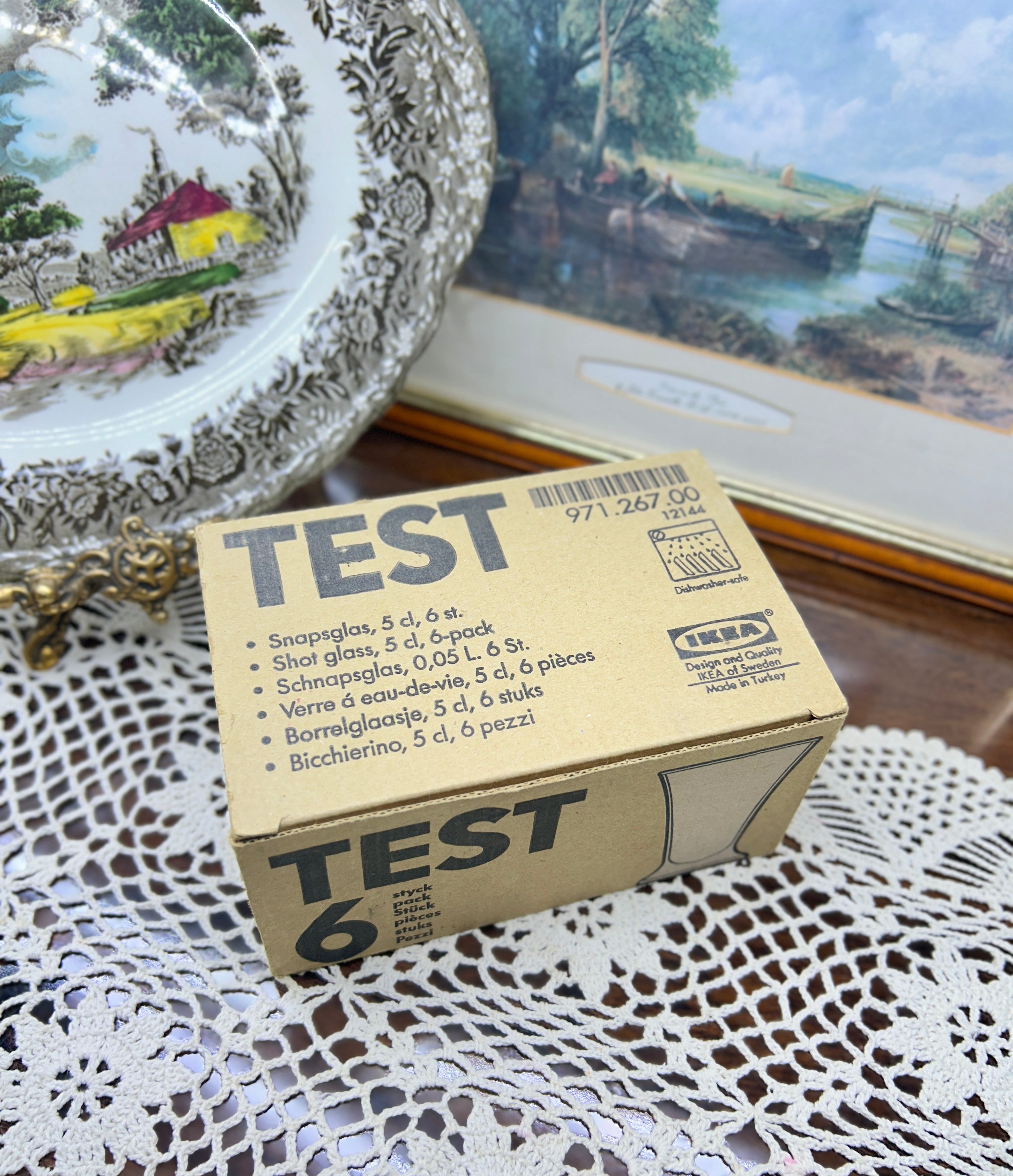 IKEA Art Déco 1950s shot glasses with colorful confetti dot design — boxed