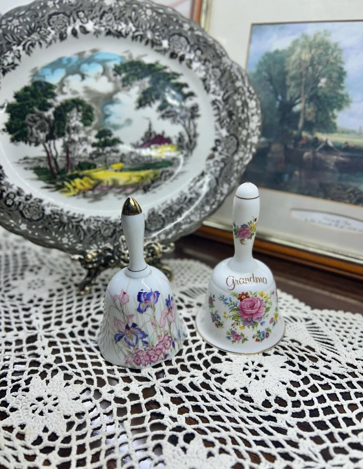 Vintage porcelain bone china collector bells with floral designs — England